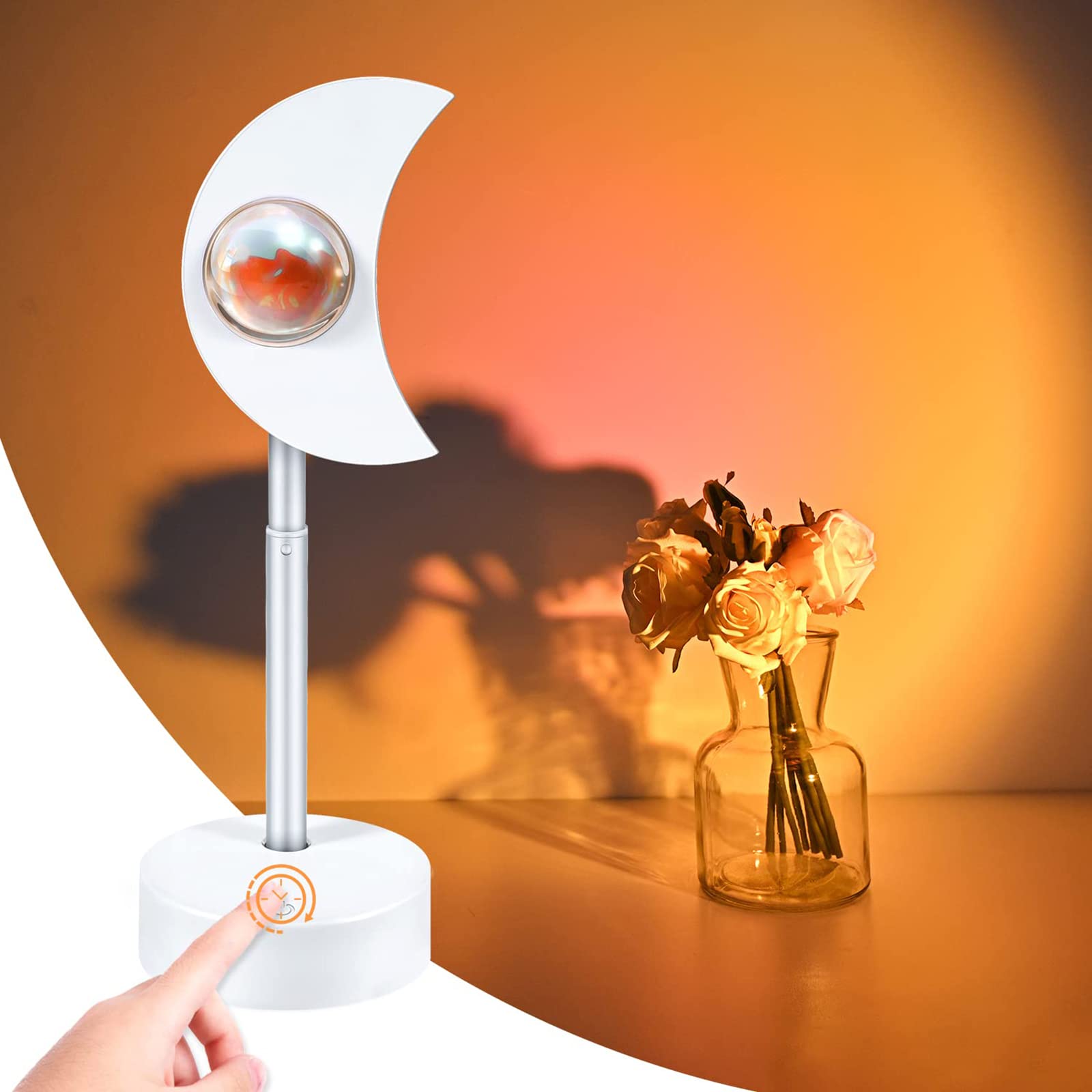 Sunset Lamp Projection, Dimmable 180 °Rotation Warm Romantic Stars Moon Night Light for Living Room Bedroom Background Decoration, for Photo Video Vlog Live Streaming(White, Moon)