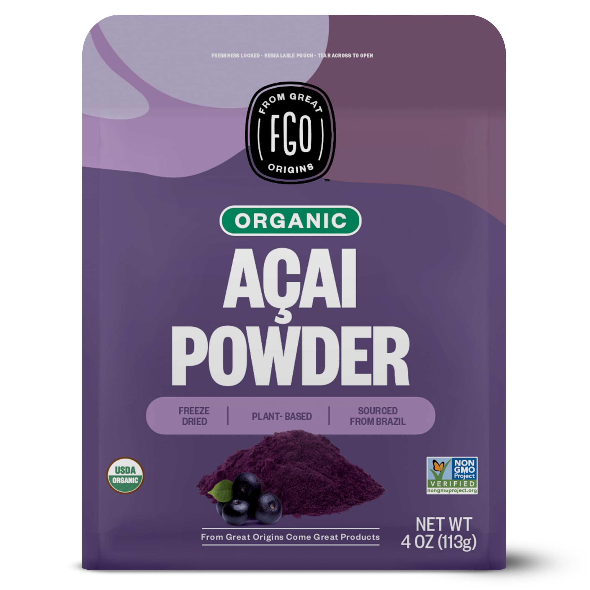 FGO Organic ACAI Powder (Freeze-Dried), Superfood Berry from Brazil, 4oz, Packaging May Vary (Pack of 1)