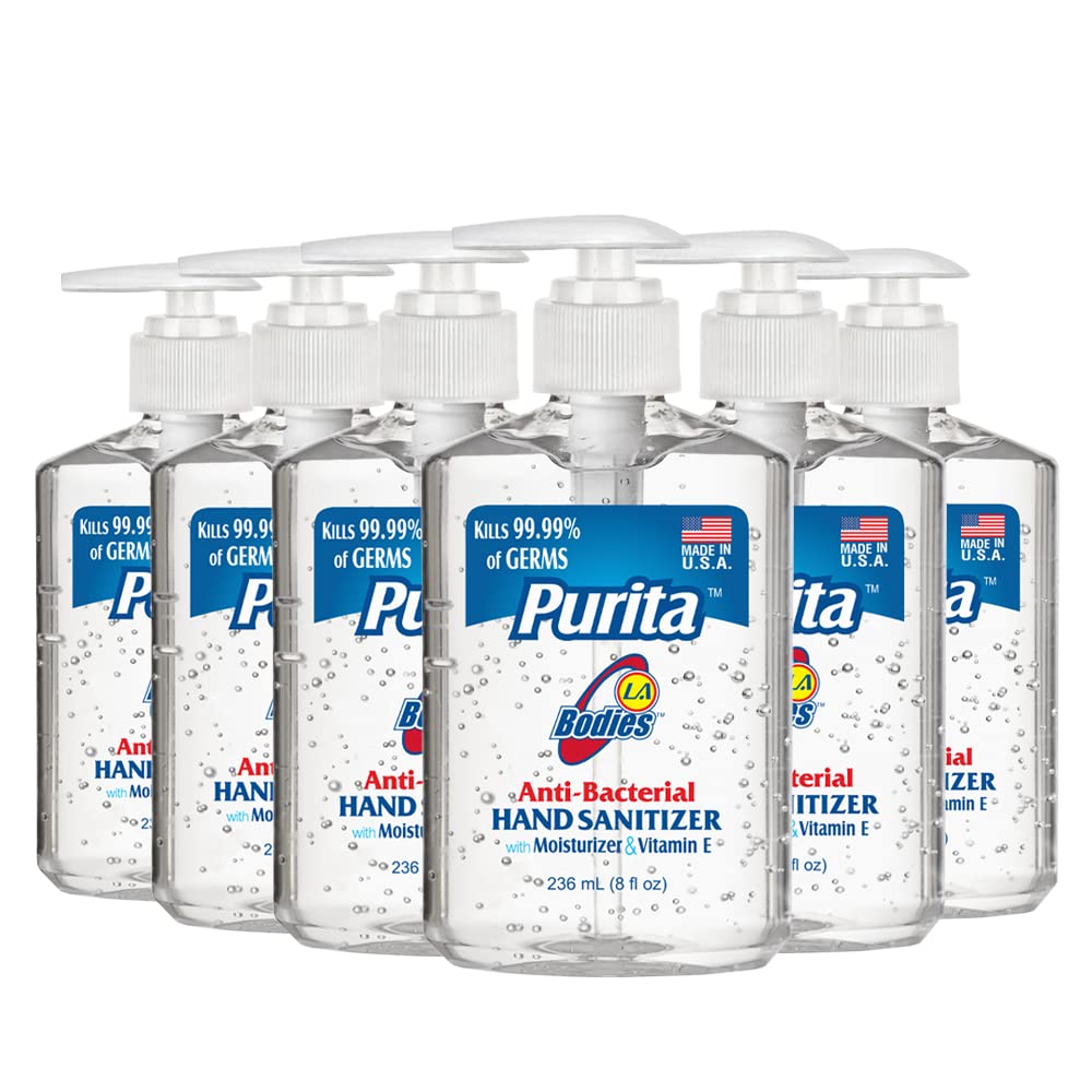 Purita Advanced Moisturizing Hand Sanitizer with Aloe Vera and Vitamin E for Sensitive Skin - Reduce 99.99% Germs and Bacteria - 8 fl oz, Made in USA (Pack of 6)