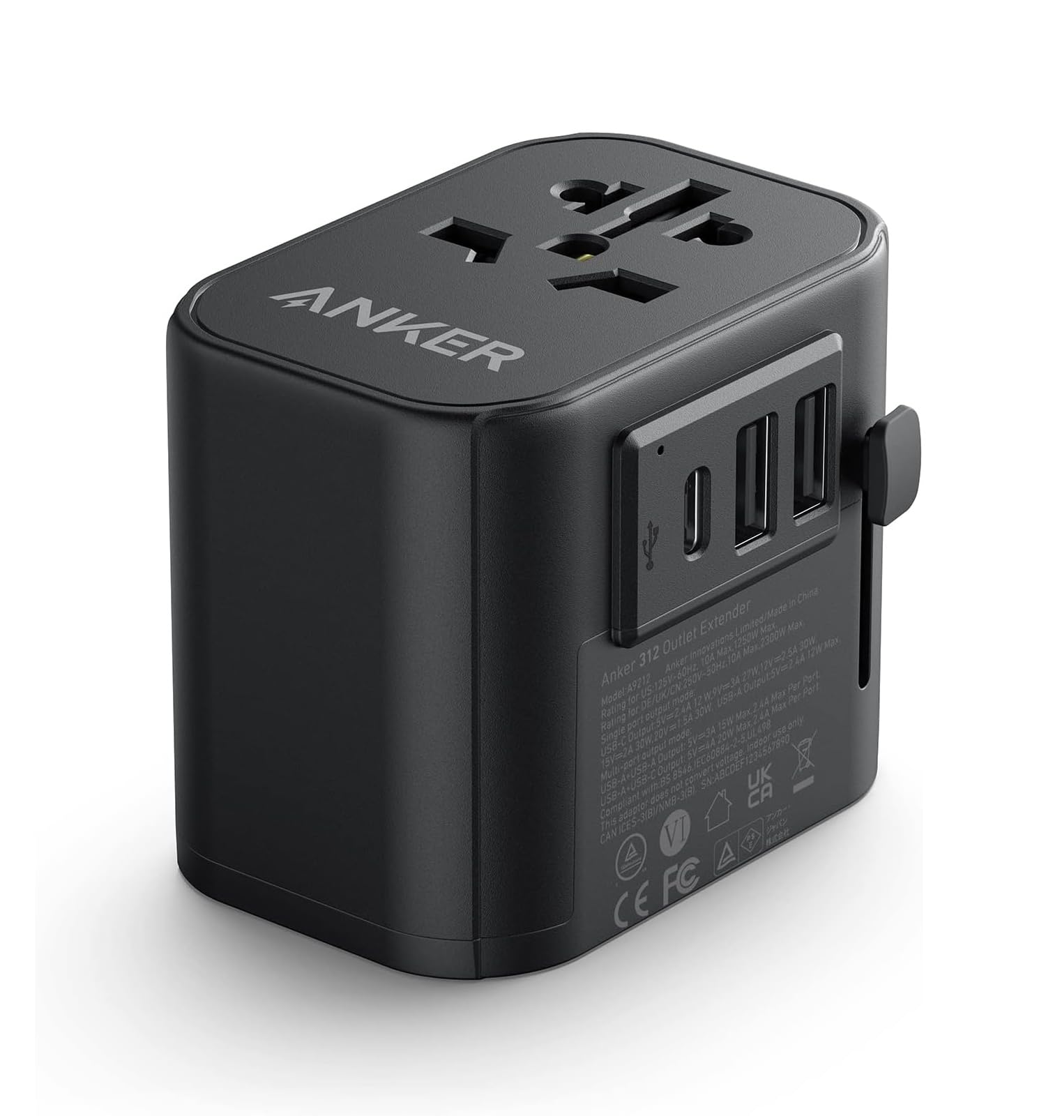 Anker PowerExtend 30W, Wall Charger with Travel Plug, 1-Ports USB-C, 2-Ports USB-A, Wall Plug, 312 Outlet Extender, Black