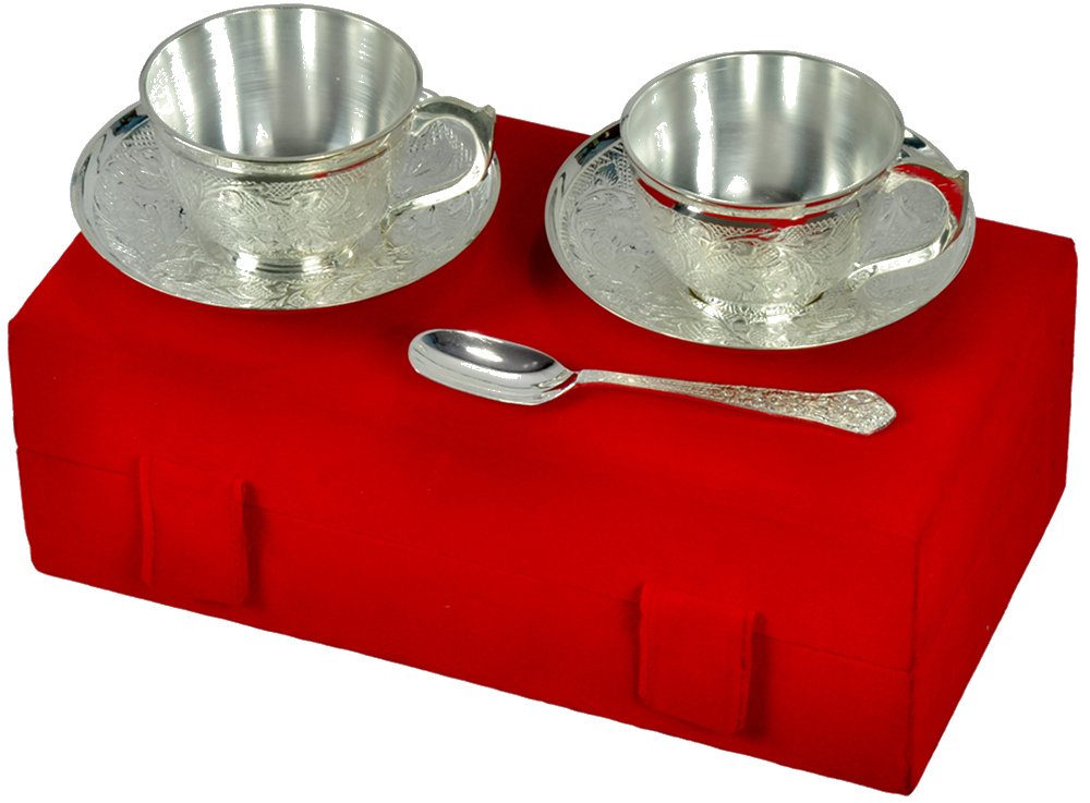 JAIPUR ACE Royal Silver Plated Tea Cup Set with Red Velvet Box (2 Cup Plate Set)