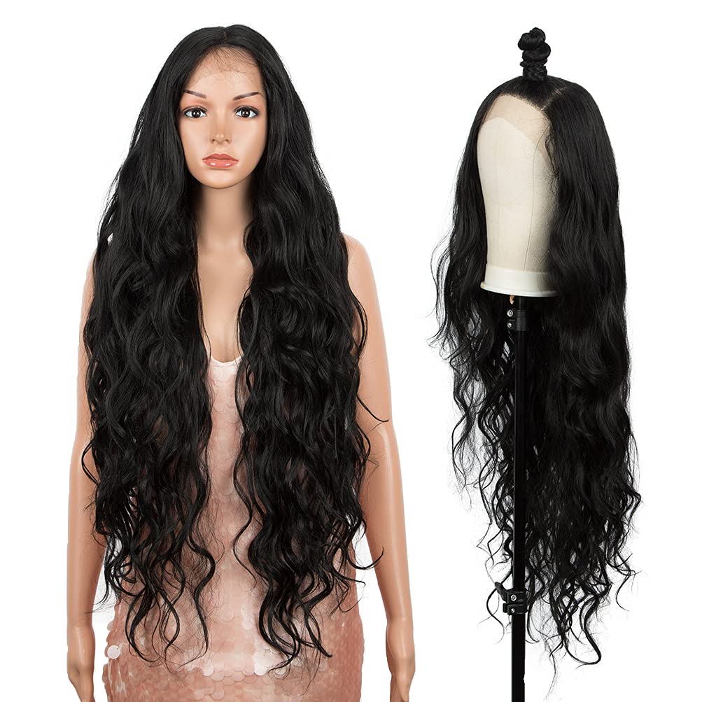 Style Icon Easy-360 Lace Wigs 36" Free Part Lace Frontal Wigs Super Long Wavy Wig Synthetic Wig (36 Inches, 1B)