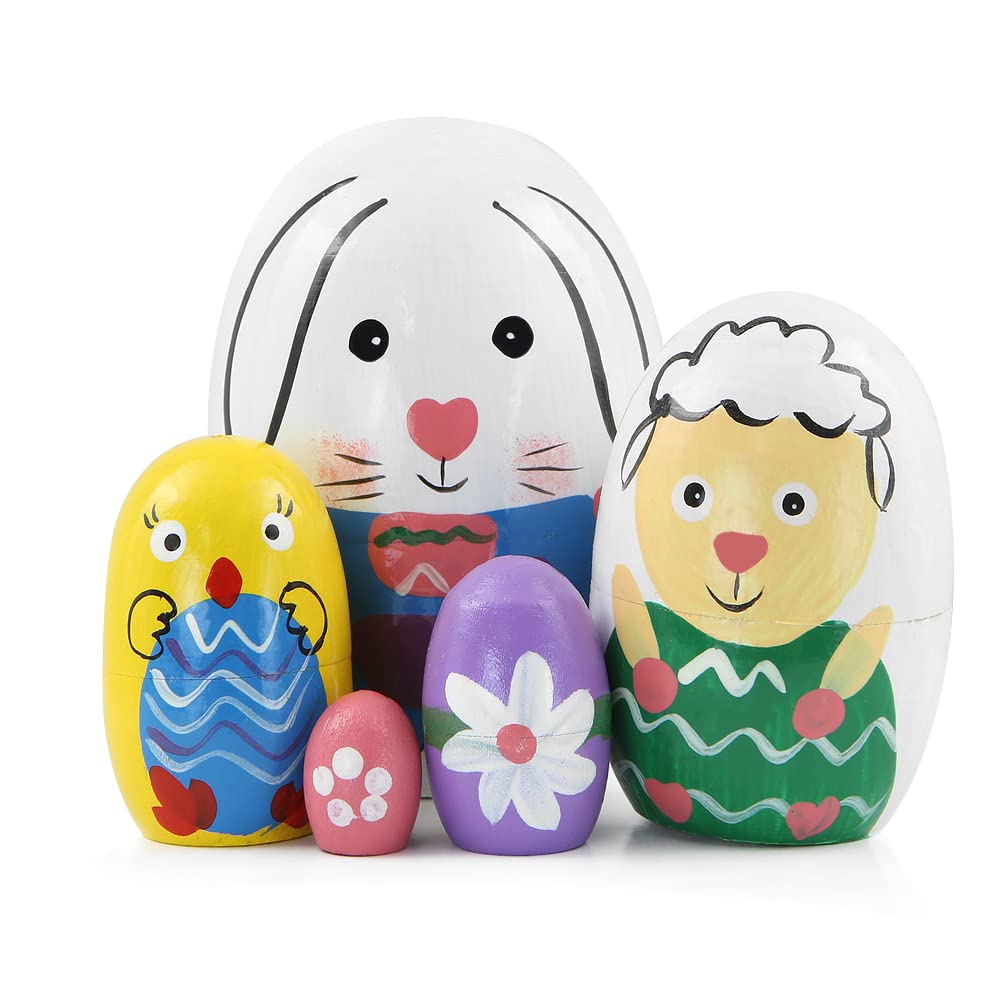 Boerni Set of 5 Egg Shape Animal Wooden Nesting Doll,Cartoon Rabbit Sheep Chicken Flower Handmade Russian Matryoshka Dolls Stacking Toy for Kids Gift Easter Christmas Birthday Party Home Décor