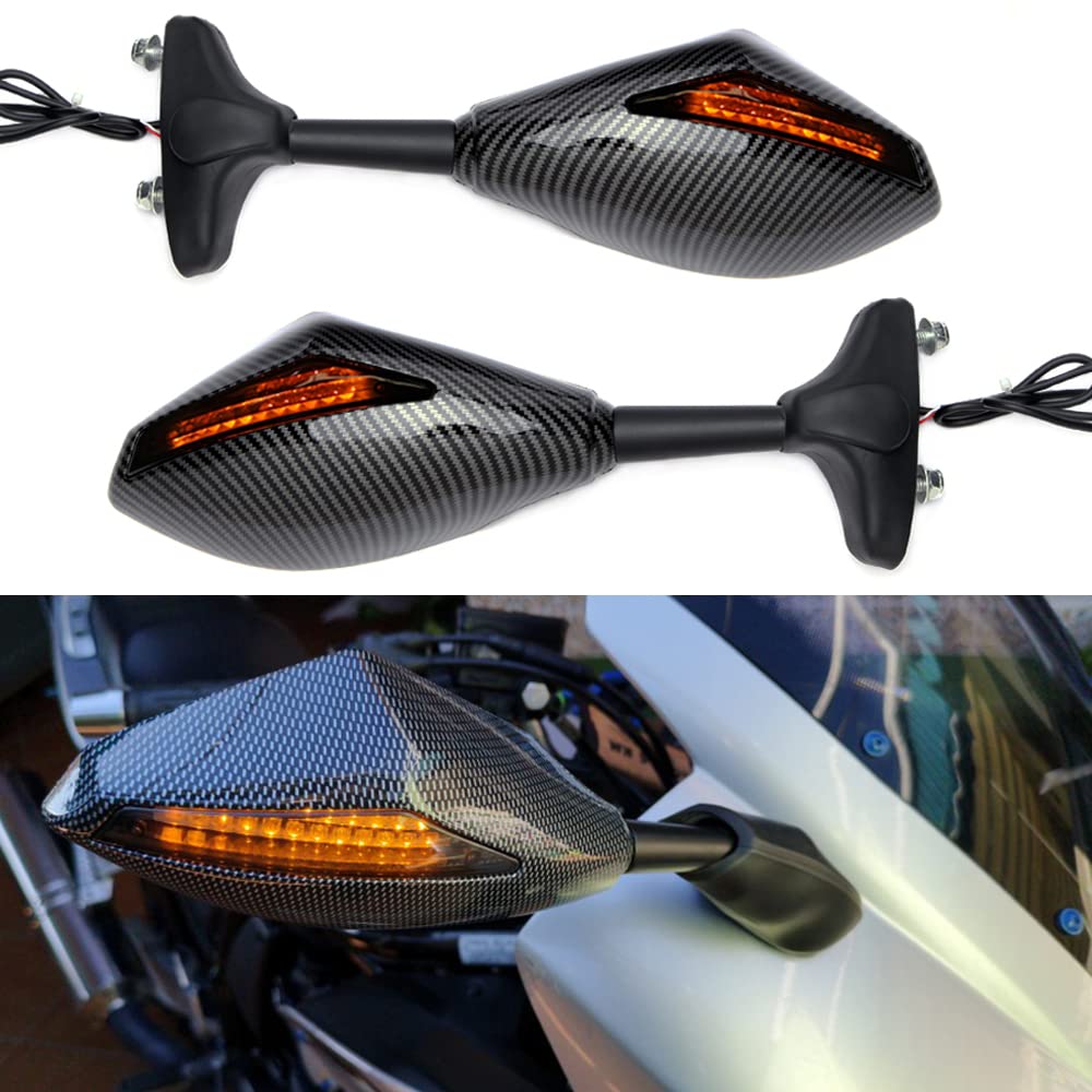 Black Motorcycle Turn Signal Rearview Mirror with LED Arrow Indicator For CBR GSXR YZF (Carbon)