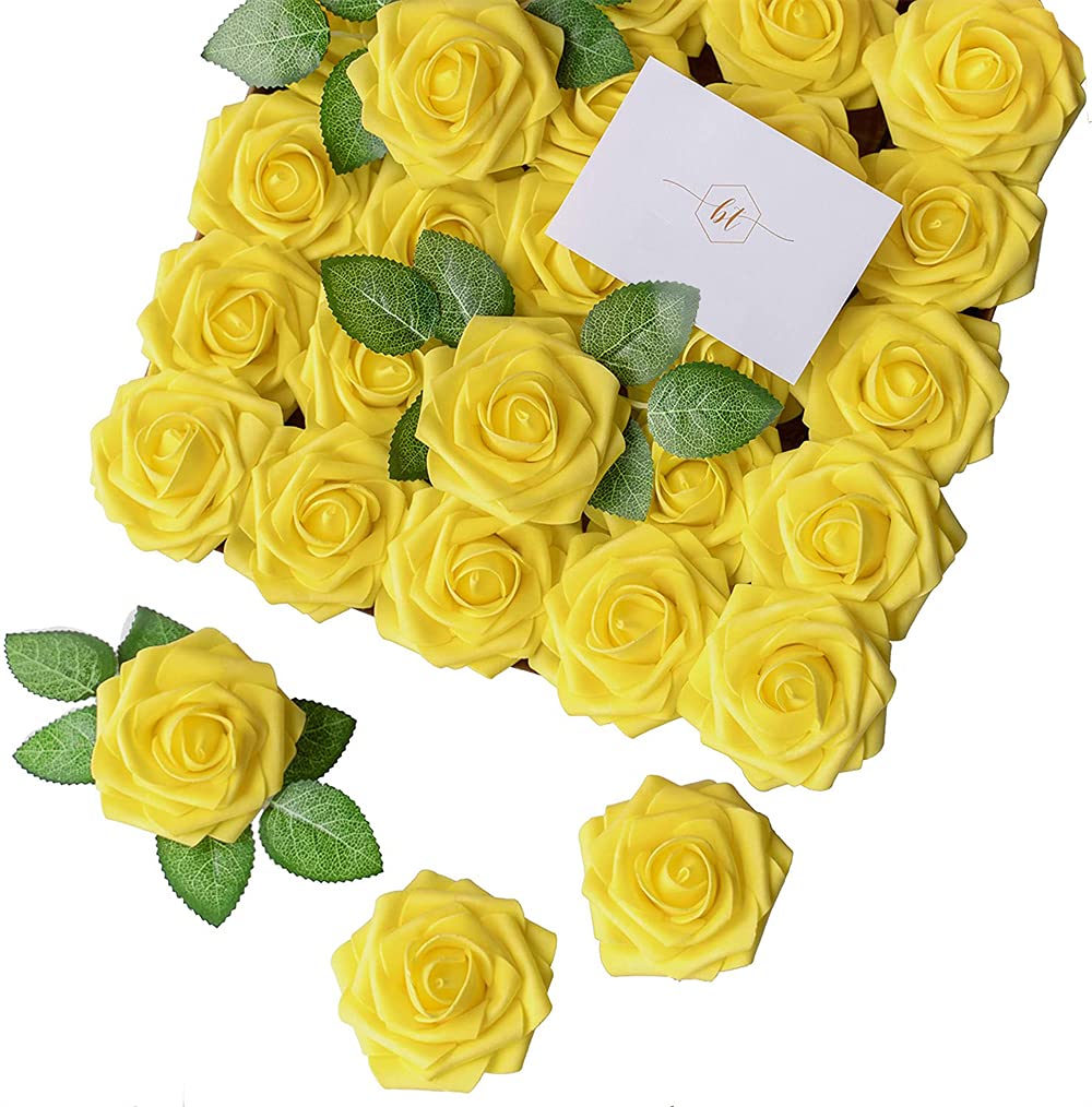 ELECDON 100 Pcs Artificial Rose Flower Heads Real Looking Yellow Foam Fake Roses for DIY Wedding Centerpieces Arrangements Party Tables Home Decorations (Yellow, Stemless)