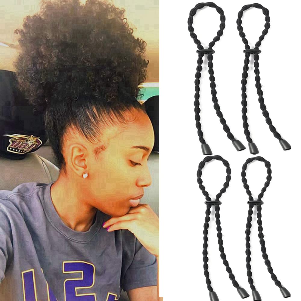 Afro Puff Drawstring Ponytail Ties Adjustable Length Hairband for Short Kinky Curly Hair Bun Hair Ties for Afro Long Cushioned Headband Ties for Women with Thick, No-Slip Design (A-Black-5PCS)