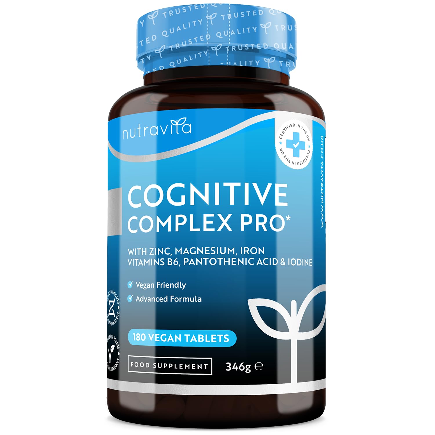 Super Strength Cognitive Complex Pro - Nootropics Supplement for Mental Performance & Cognitive Health - Enriched with Zinc, Iron, Magnesium, Pantothenic Acid, Vitamin B6, Iodine - 180 Vegan Tablets