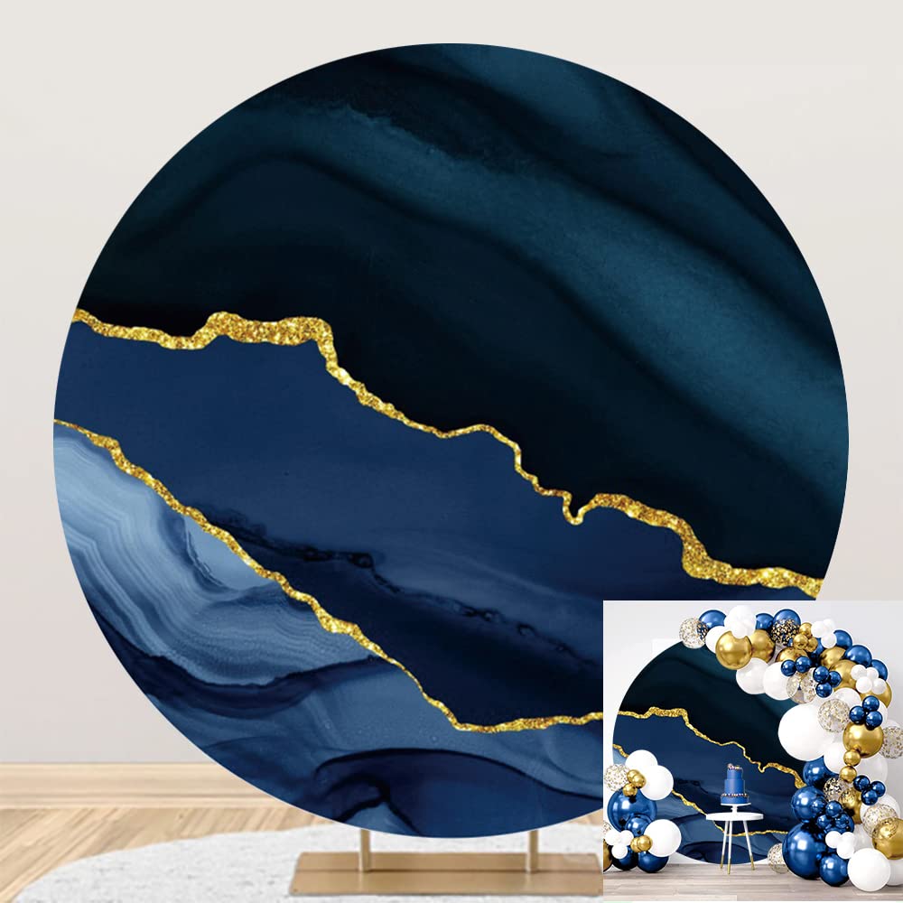 DORCEV 7.5x7.5ft Navy Blue Marble Texture Round Backdrop Cover Polyester Blue Gold Marble Circle Photography Background Abstract Art Gold Cracks Baby Shower Birthday Wedding Engagement Decor Props