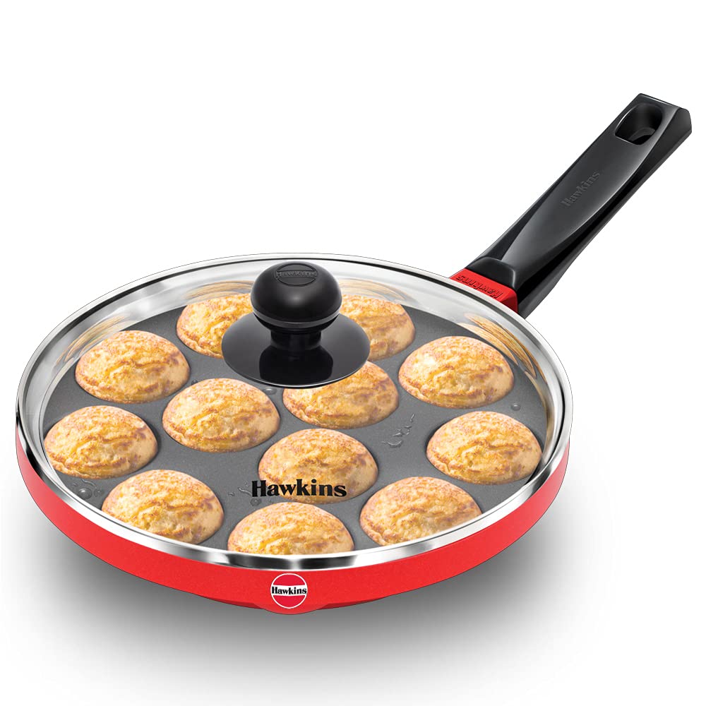 Hawkins Nonstick Appe Pan with Glass Lid, 12 Cups, Diameter 22 cm, Black , Cast Aluminium, Red