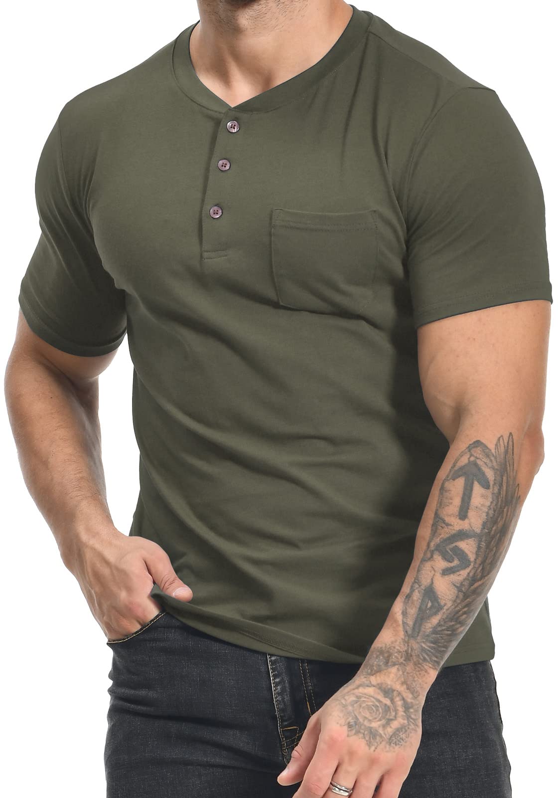 MLANM Mens Short Sleeve T Shirts Fashion Casual Front Pocket Basic Henley T-Shirts Cotton Tee Tops