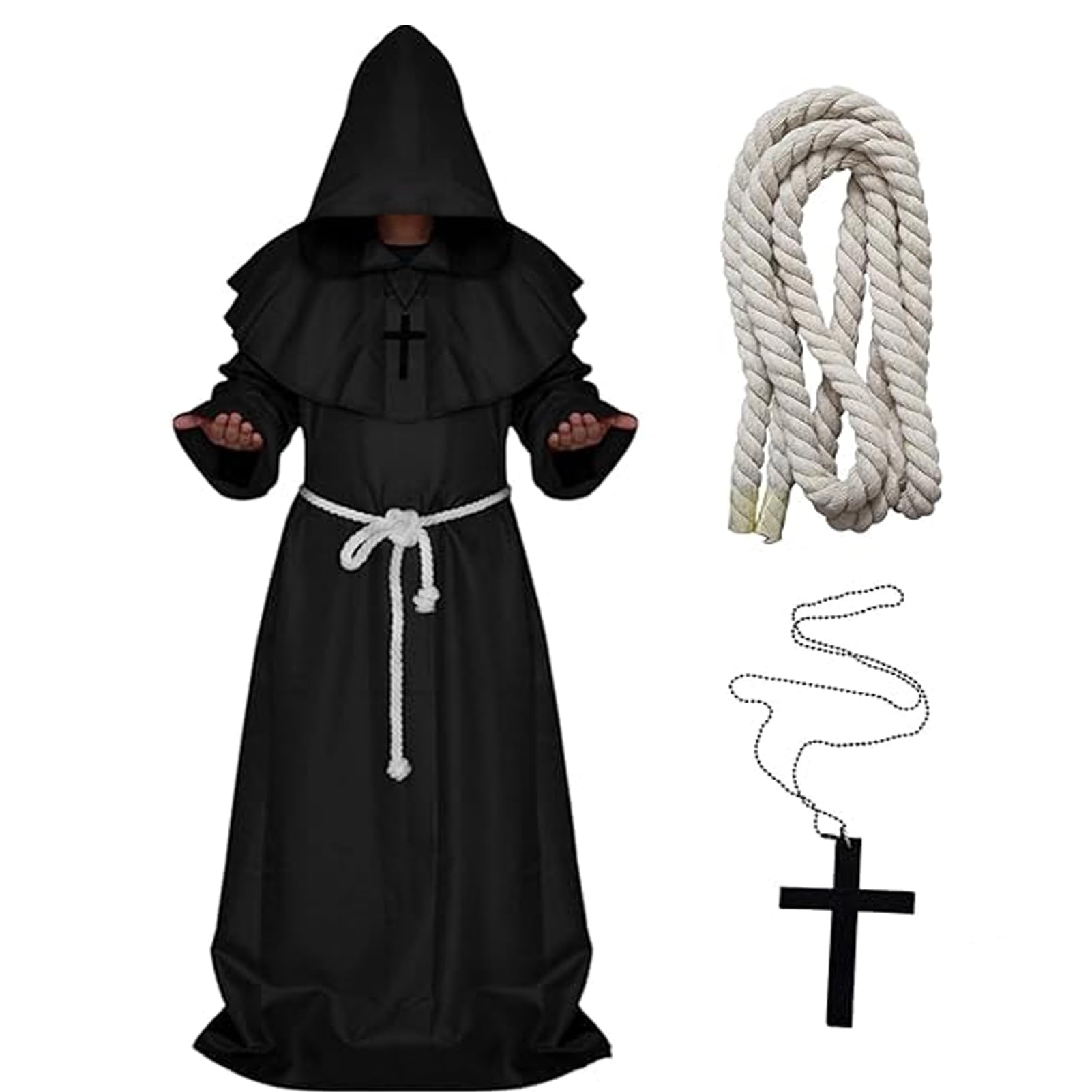 AmycuteFriar Medieval Hooded Monk Robe Costume Priest Robe Costume Halloween Cosplay Robes Costume Fancy Dress Outfits For Adults