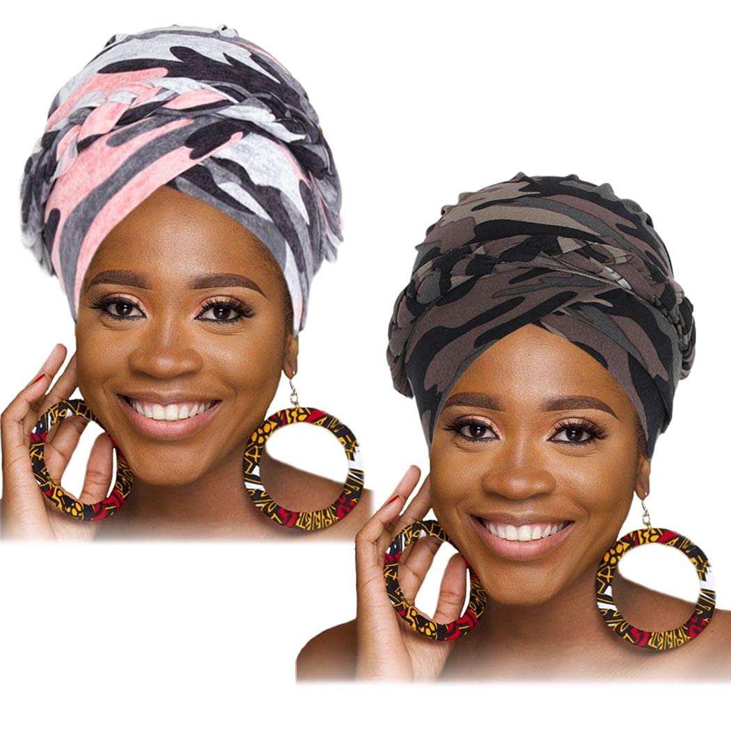 Woeoe Pattern African Head Wrap Stretch Short Braid Head Scarf Camouflage Print Fabric Turban Headwear for Women and Girls(2 Packs)