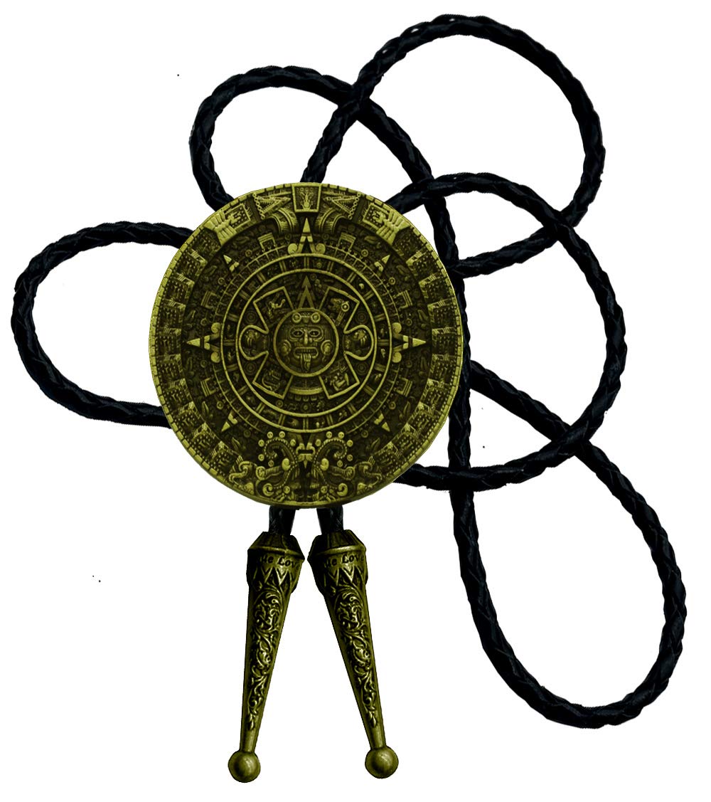 Bolo tie With Pewter Aztec Calendar Circle Design Cowboy Two Colors