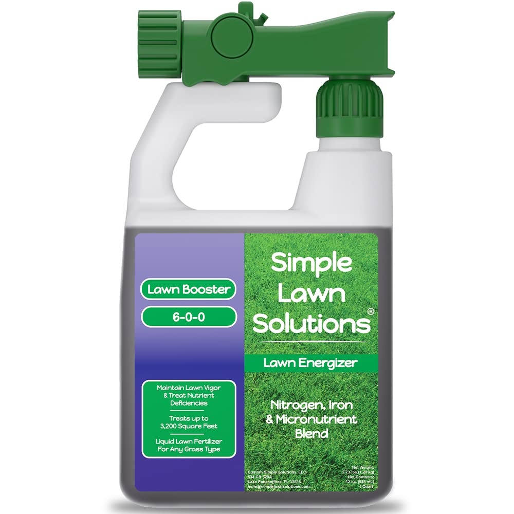 Commercial Grade Lawn Fertilizer with Iron- Liquid Fertilizer Spray- Nitrogen and Iron for Deeper Green Turf- Any Grass Type - Simple Lawn Solutions - Lawn Energizer - 32 Ounce