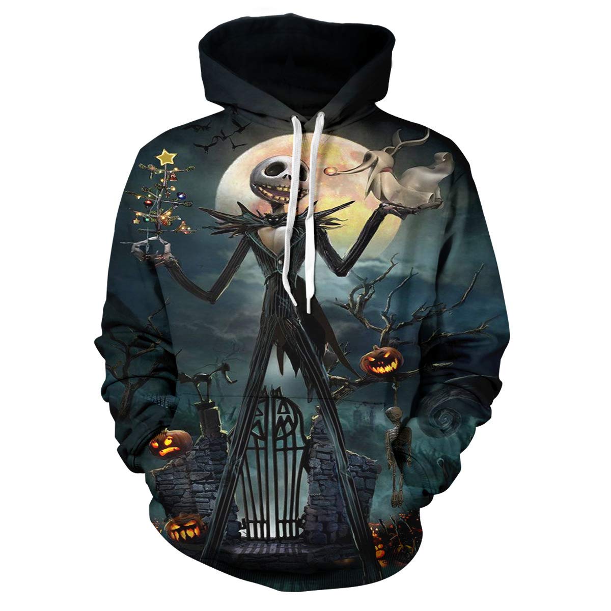 Womens The Nightmare Before Christmas Jack & Sally Skellington 3D Printed Sweatshirts Hooded Tops Black XL