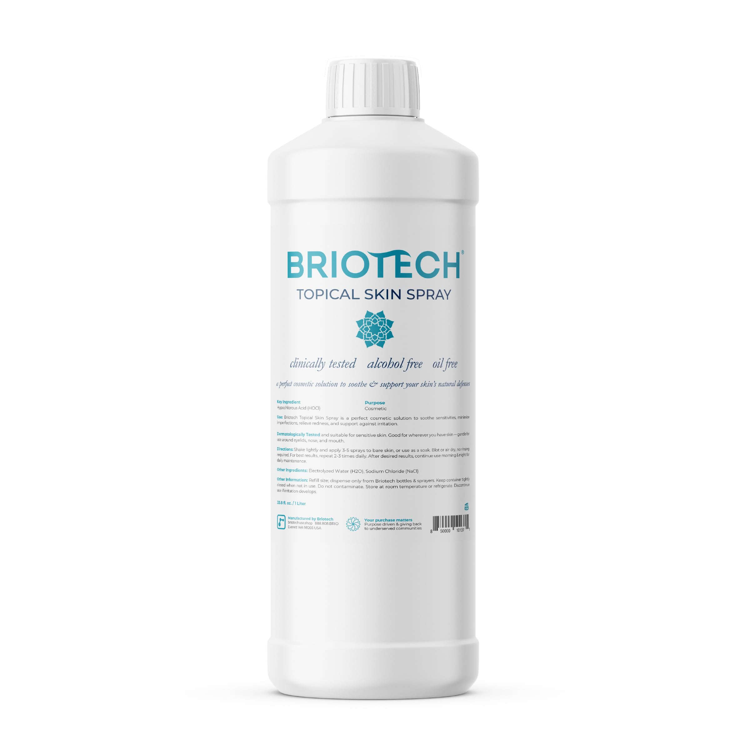 BRIOTECH Topical Skin Spray, Hypochlorous Acid for Body & Face, Eyelid Cleanser, HOCl Facial Mist, Support Against Irritation, Calm Redness, Soothe Foot & Scalp, 1 Liter Refill, 1 ct