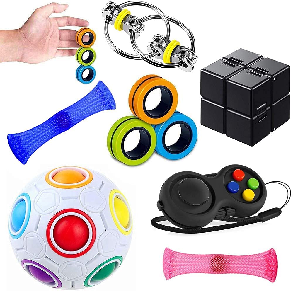 Sensory Fidget Toys Set 7 Pack. Stress Relief Relieve Anxiety Tools Bundle Figette Toys with Fidget Pad, Cube with Infinity, Magnetic Ring, Fidget Box Bulk Figit, Game for Kids Adults Kill Time