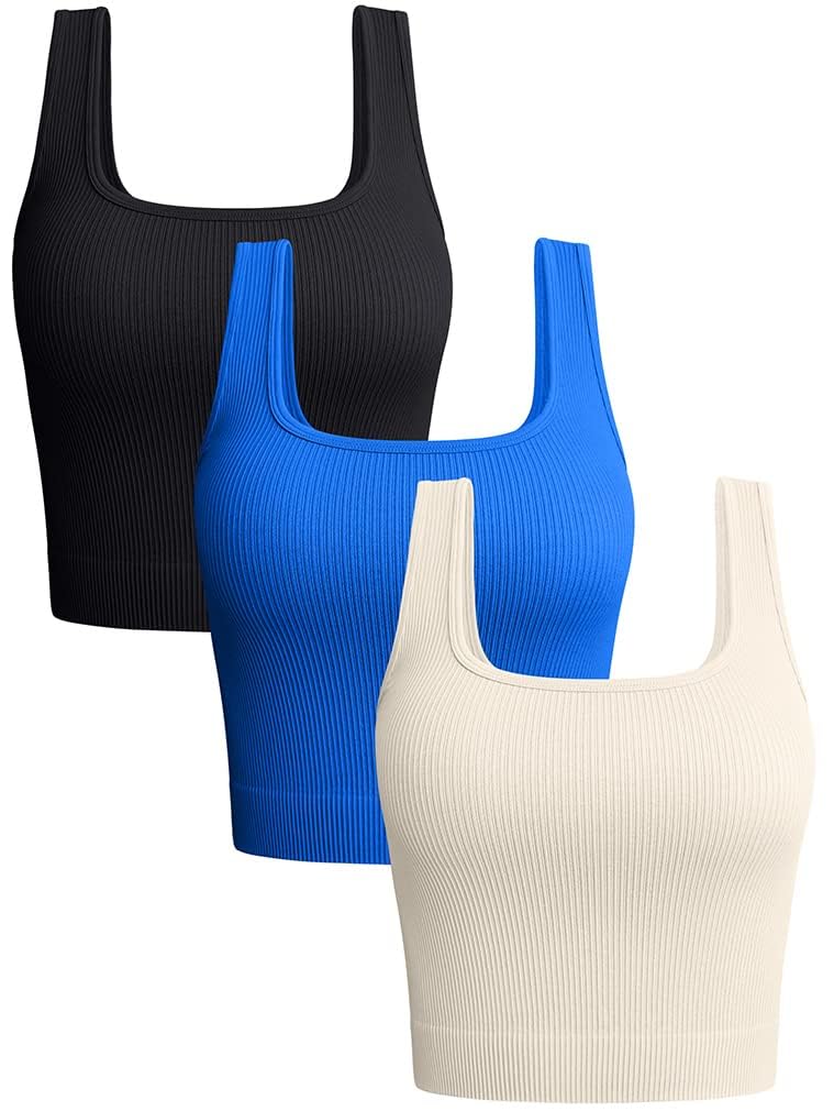 OQQ Women's 3 Piece Tank Tops Ribbed Seamless Workout Exercise Shirts Yoga Crop Tops