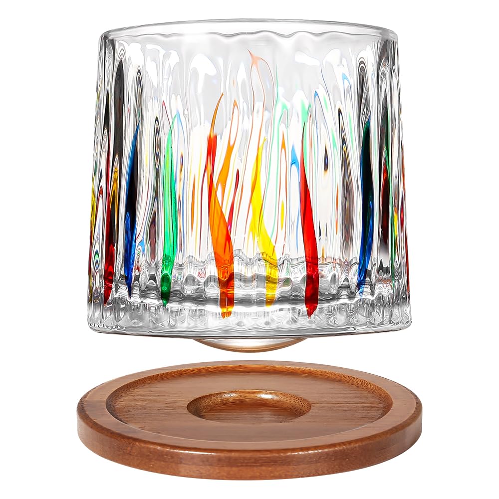 Rotatable Old Fashioned Glass Cup, 275ml/10oz Crystal Whiskey Glass, Wood Coaster, Thickening, Used as Rum Glass, Cocktail Cup, Coffee Cup, Milk Cup to Relax and Reduce Stress - 1 Piece