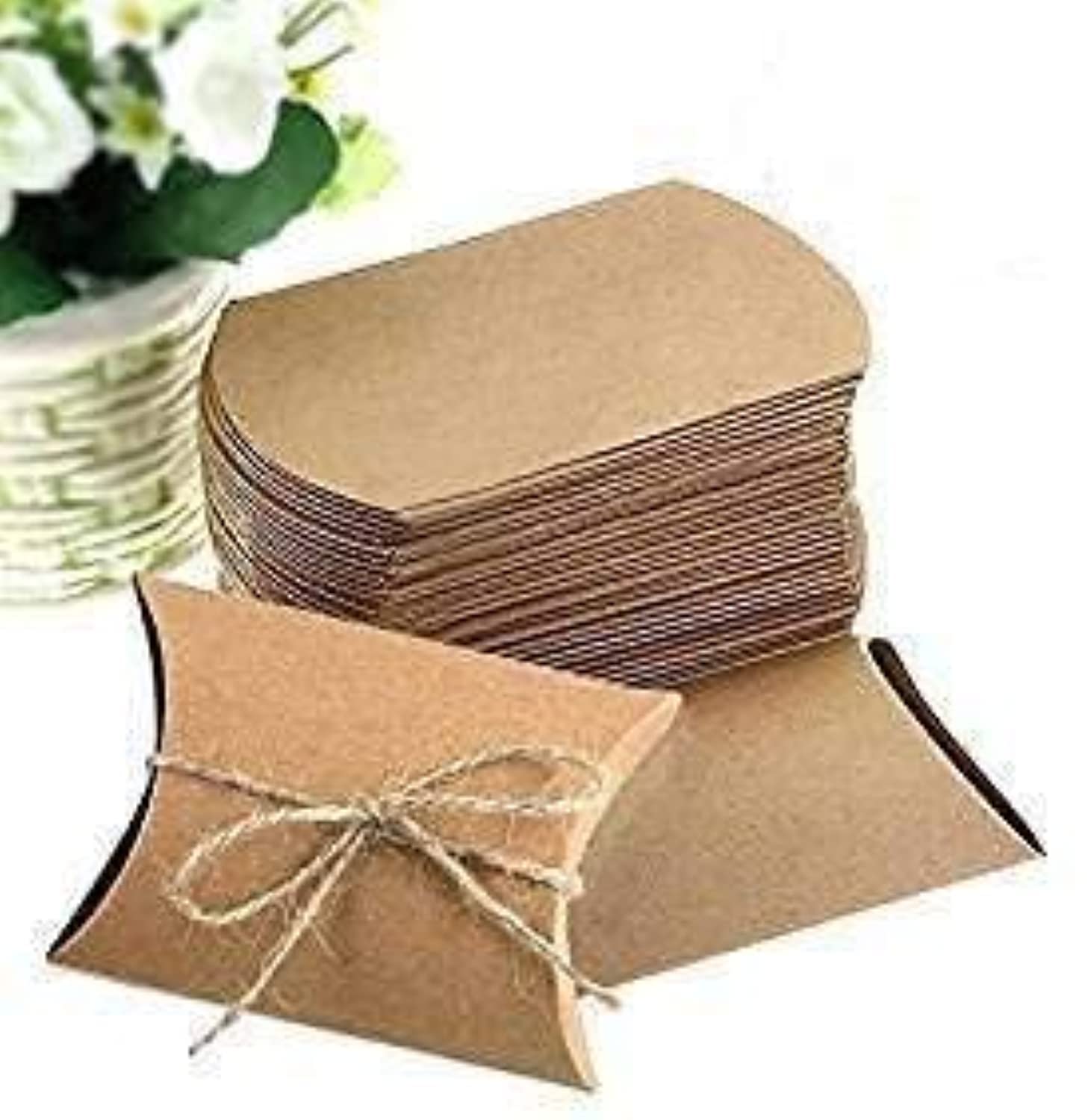 Wishlink Pack of 100Pcs Paper Kraft Pillow Candy Box with Ropes Party Wedding Favor Gift Supply