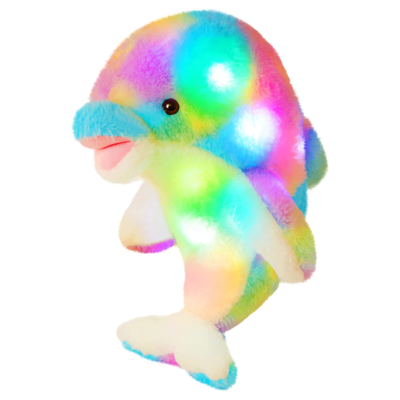 Glow Guards 16'' Light up Rainbow Dolphin LED Stuffed Animal Glow Soft Pillow Plush Toy Bedtime Pal Christmas Birthday Gifts for Toddler Kids