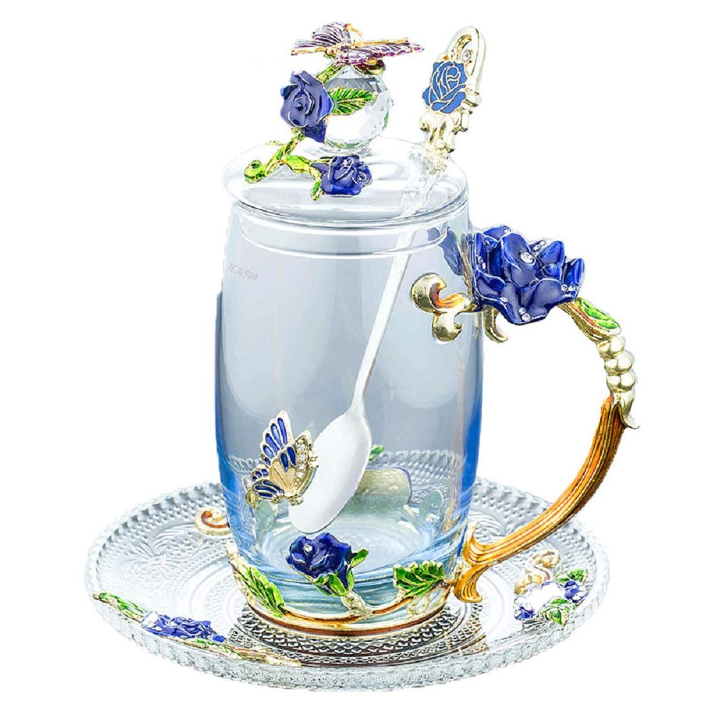 Iamagie Glass Tea Cup Coffee Mug, Handicraft 3D Vintage Flower Cup with Lid Coaster and Tea Spoon, Unique Butterfly and Blue Rose Enamel Design, Best Gift Decoration (350ml, 11.84 oz)