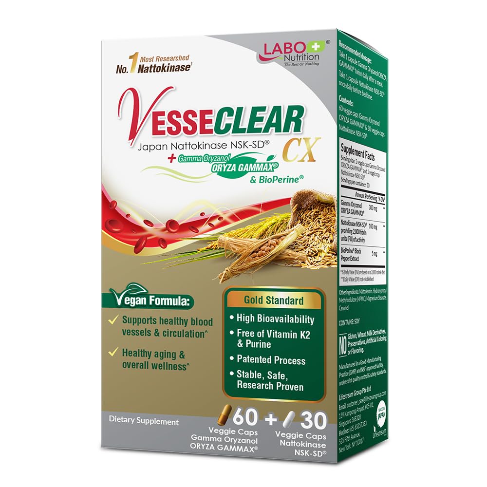 LABO Nutrition VesseCLEAR CX: Nattokinase NSK-SD + Gamma Oryzanol for Clean Blood Vessel & Healthy Ageing, Japan's Most Clinically Studied, Support Healthy Cholesterol, Heart, Vegan, Acid-Resistant