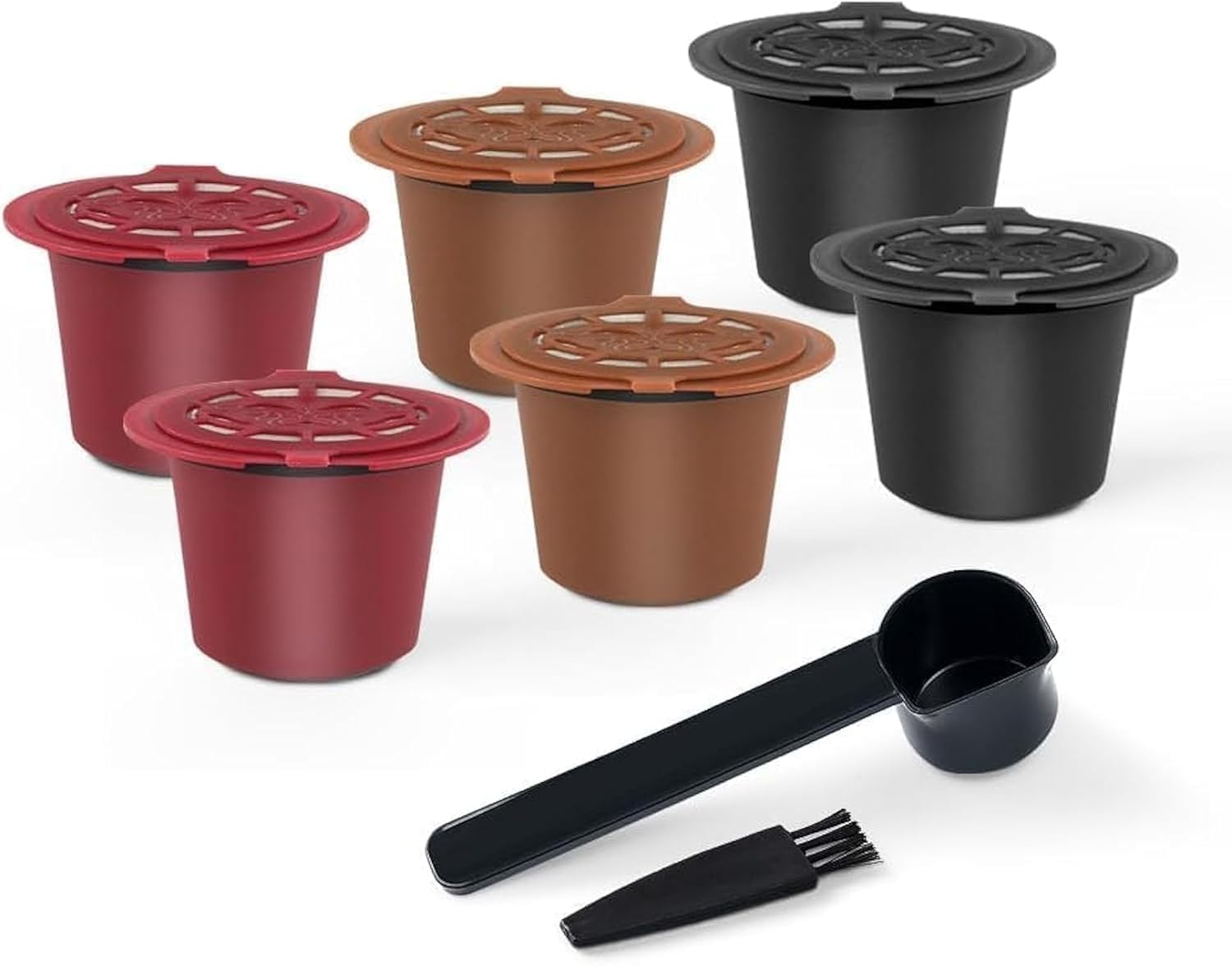 NALACAL Reusable Coffee Pods fit for Nespresso Originalline, Refillable Coffee Capsule Compatible with N Espresso Originalline, Food-Grade, Non-Toxic, 2 Black+2 Red+2 Brown (with 3 Scoops + 3 Brushes)