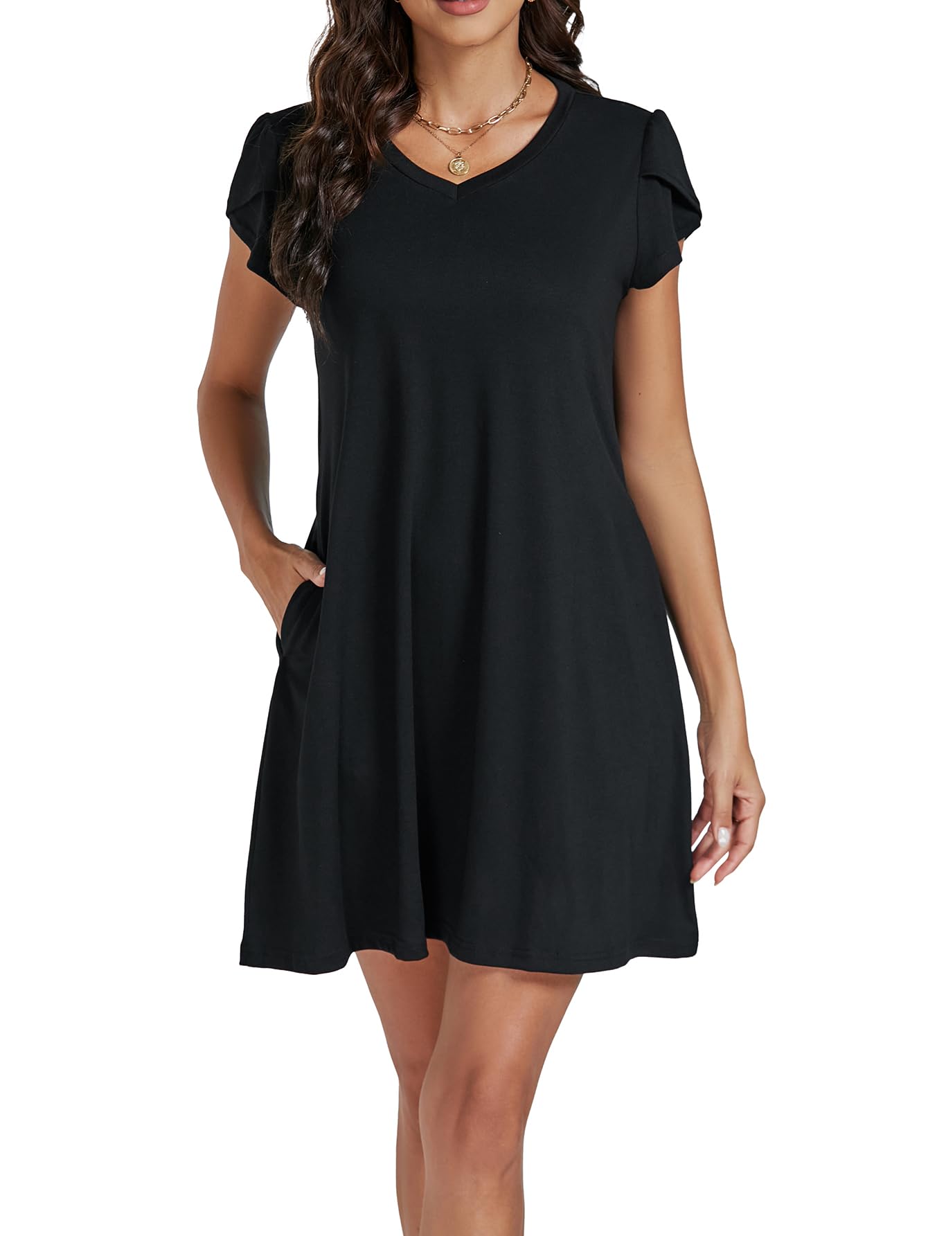 LYANERWomen's Petal Short Sleeve V Neck Swing A line Casual Dresses with Pockets