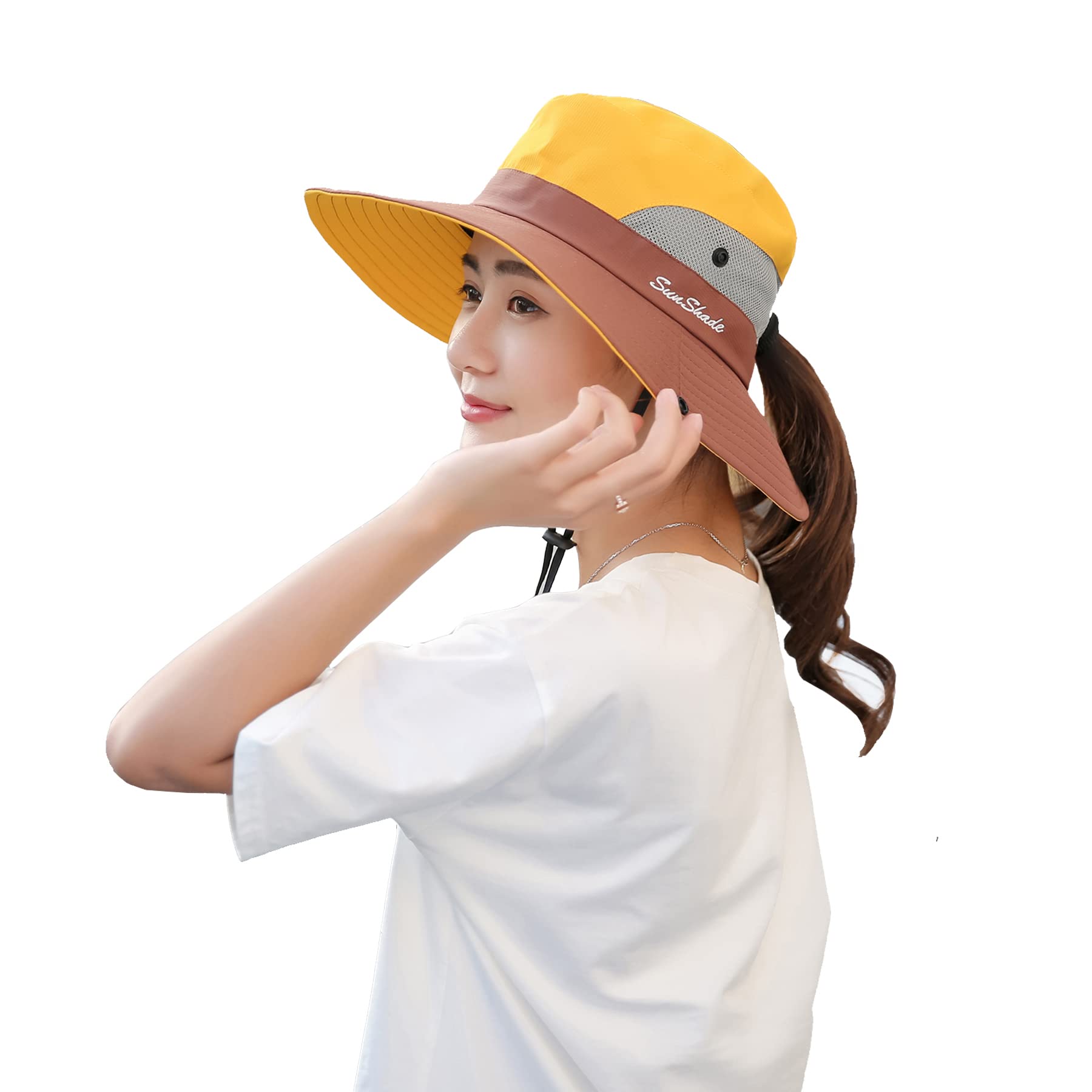 PFFY Ponytail Sun Hat for Women Men 3” Wide Brim UPF 50+ Bucket Fishing & Beach Hats