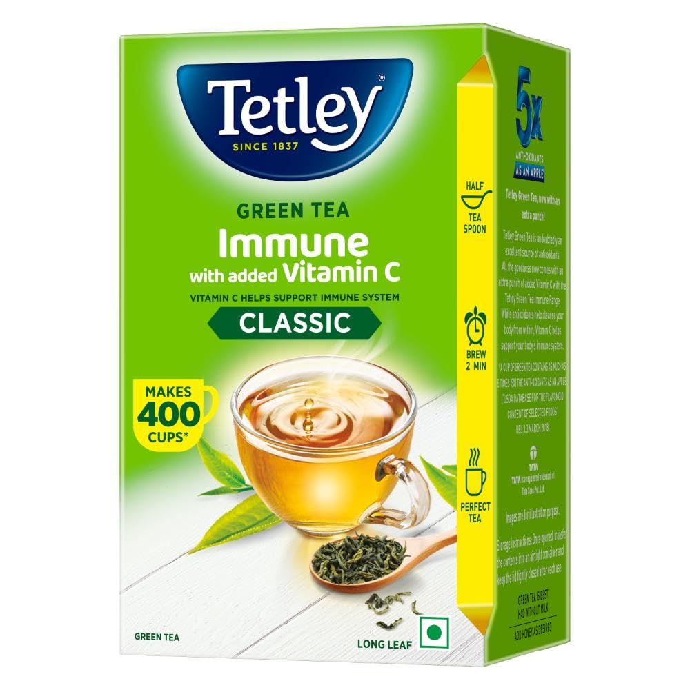 Tetley Green Tea Immune With Added Vitamin C, Classic Green Tea, Makes 400 Cups, Long Leaf Tea, 5X Antioxidants As An Apple - 500 Gm