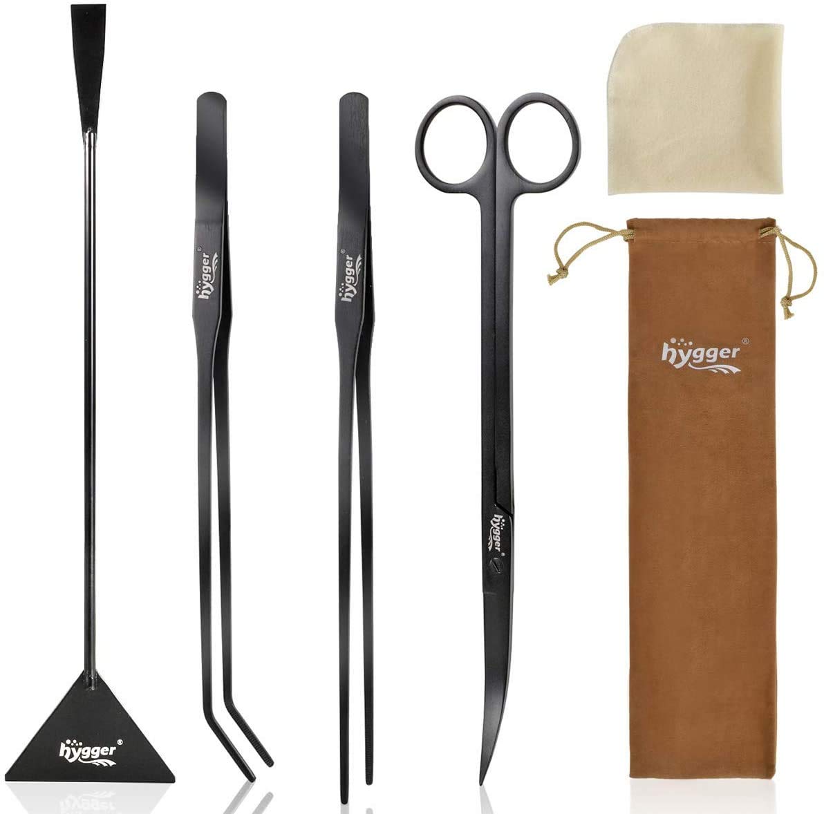 hyggerLong Stainless Steel Premium Aquarium Tools, 4 PCS Aquatic Plant Tweezers Scissors Spatula Kits Comes with 1 Cleaning Cloth, for Fish Tank Starters