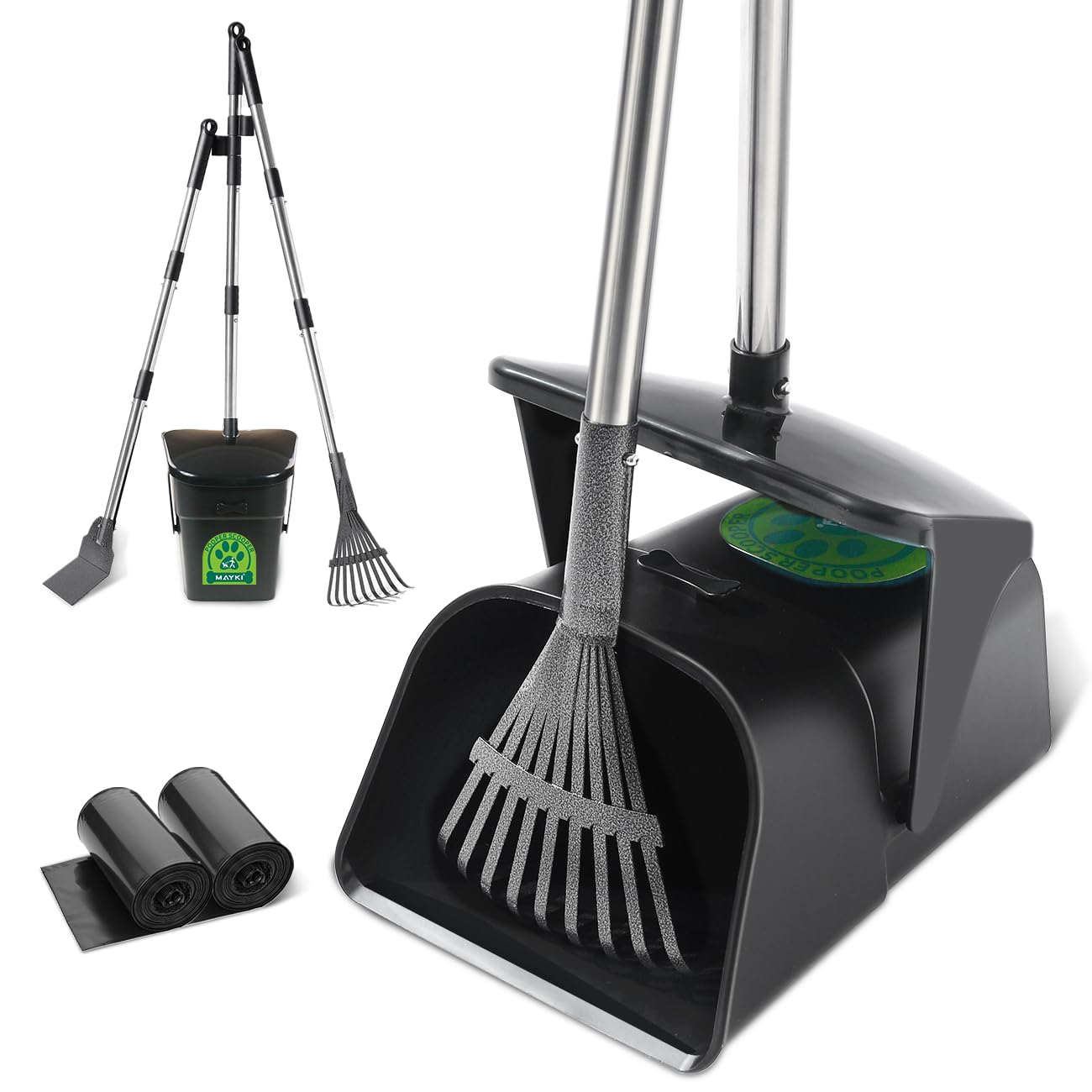 MAYKIUpgraded Odorless Pooper Scooper Kit with Swivel Bin & Rake & Spade, Long Handle Dog Pooper Scooper with 40 Bag Attachments for Large/Medium/Small Dogs, Dog Poop Scooper for Yard