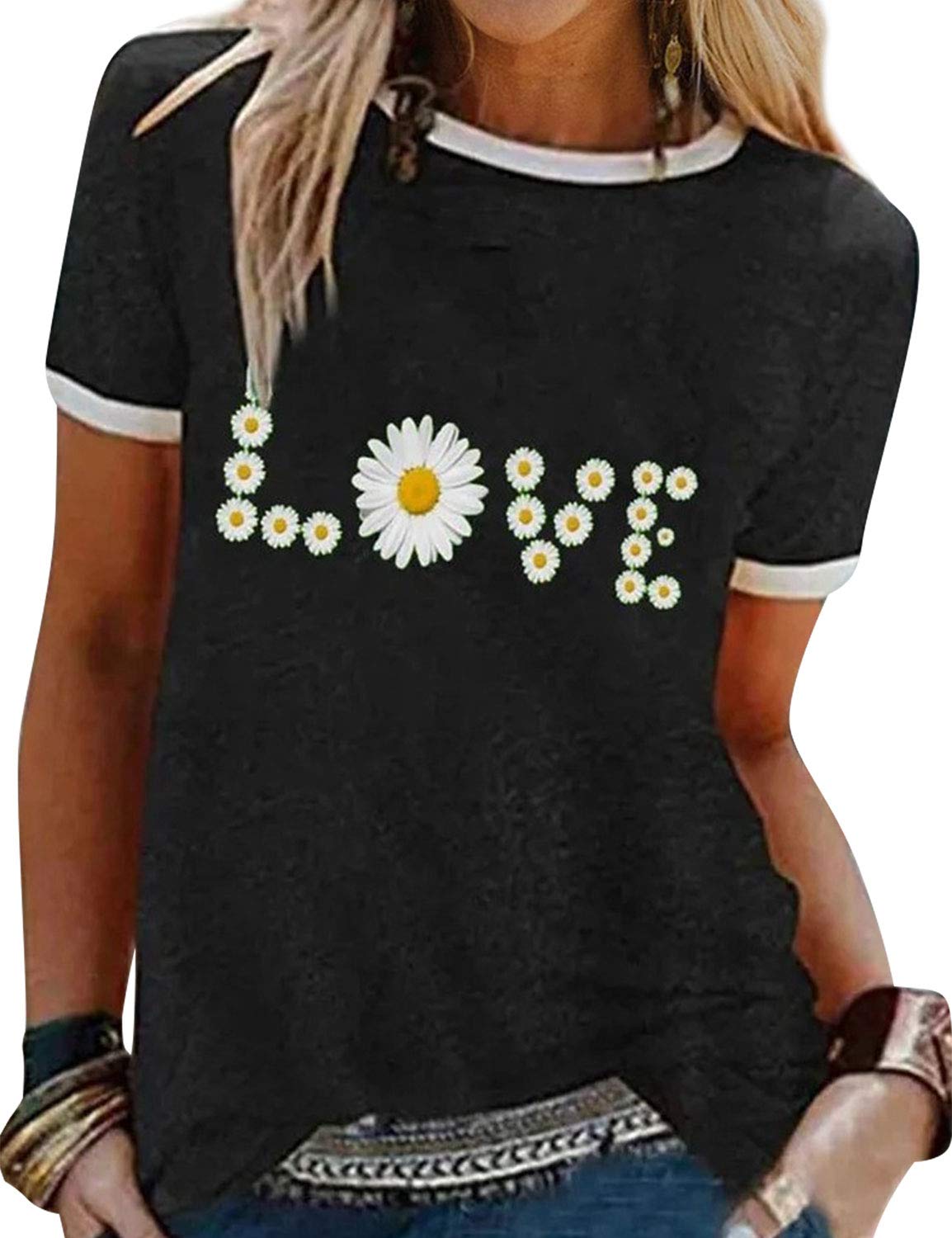 DresswelWomen Love T Shirt Daisy Flower Graphic Print Tee Shirts Crew Neck Short Sleeve Summer Tops