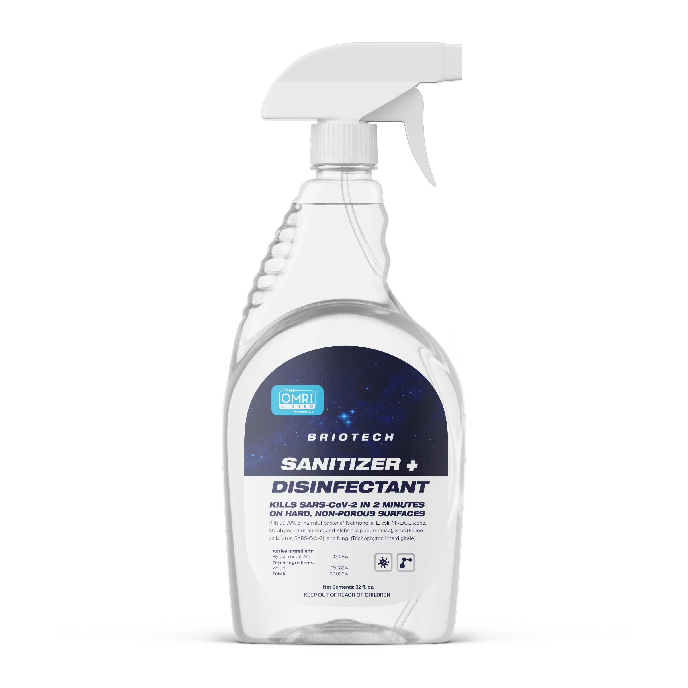 BRIOTECH Sanitizer Disinfectant Hypochlorous Spray, Kills 99.99% of Viruses & Bacteria, Eliminate Odor, Gentle for Nurseries & Play Rooms, Rinse Free Food Contact Surface Sanitizer, 32 fl oz