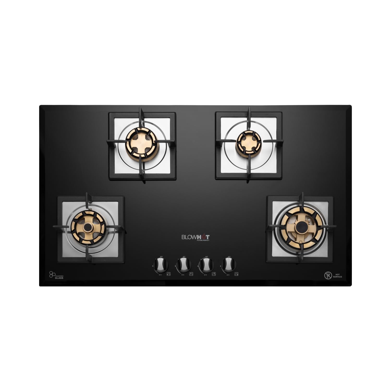 BLOWHOT Krypton 90cm Gas Hob Heavy Full Brass Burners | Auto Ignition | Multi Flame Function | Toughened Glass |One Jumbo Triple Ring Burner |Two Double Ring Burner | One Small Brass Burner - Black