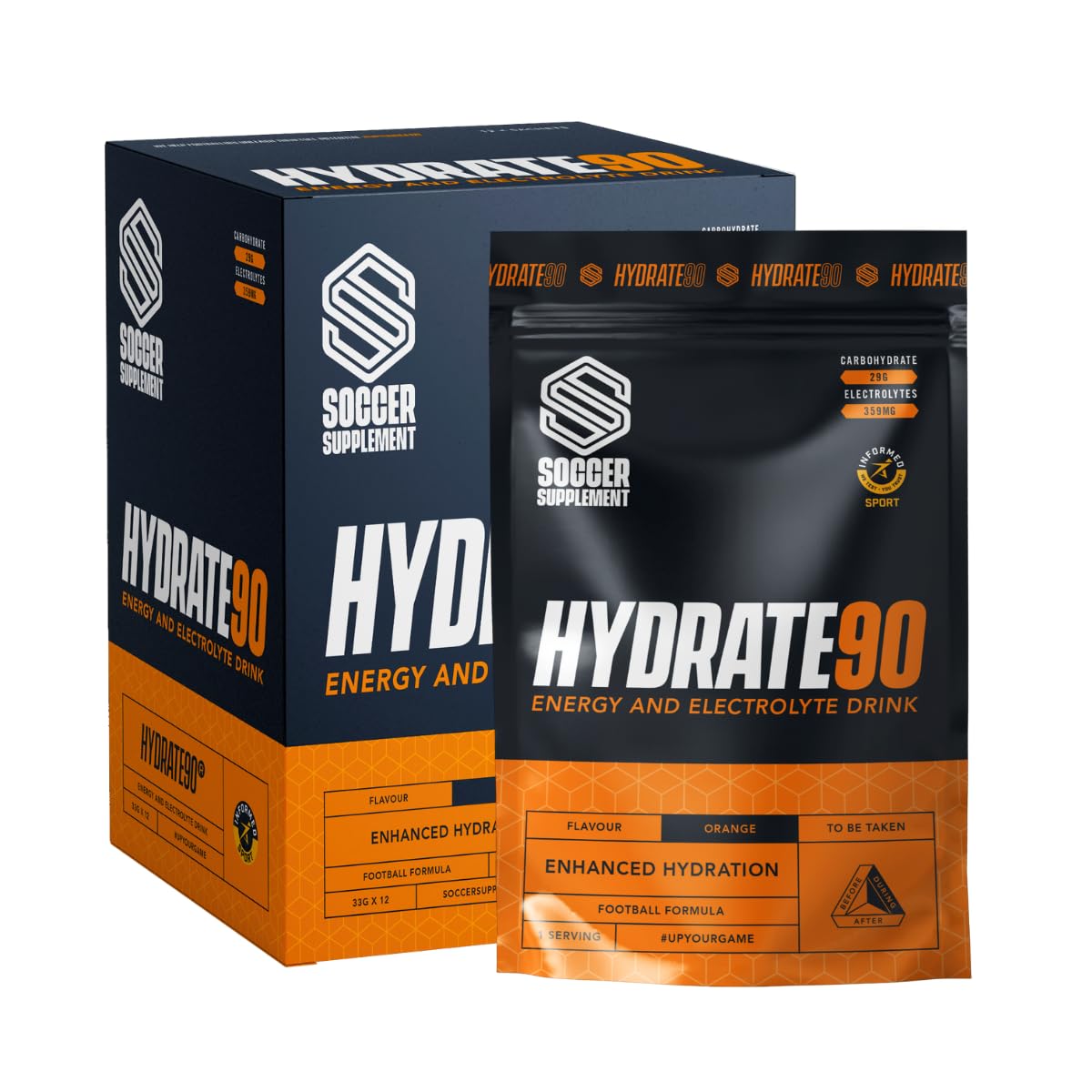 Hydrate90 - Energy and Electrolyte Drink Powder, Delivers 380mg of Electrolytes per serving, by Soccer Supplement, Informed Sport tested, 12 Rehydration Sachets- Orange