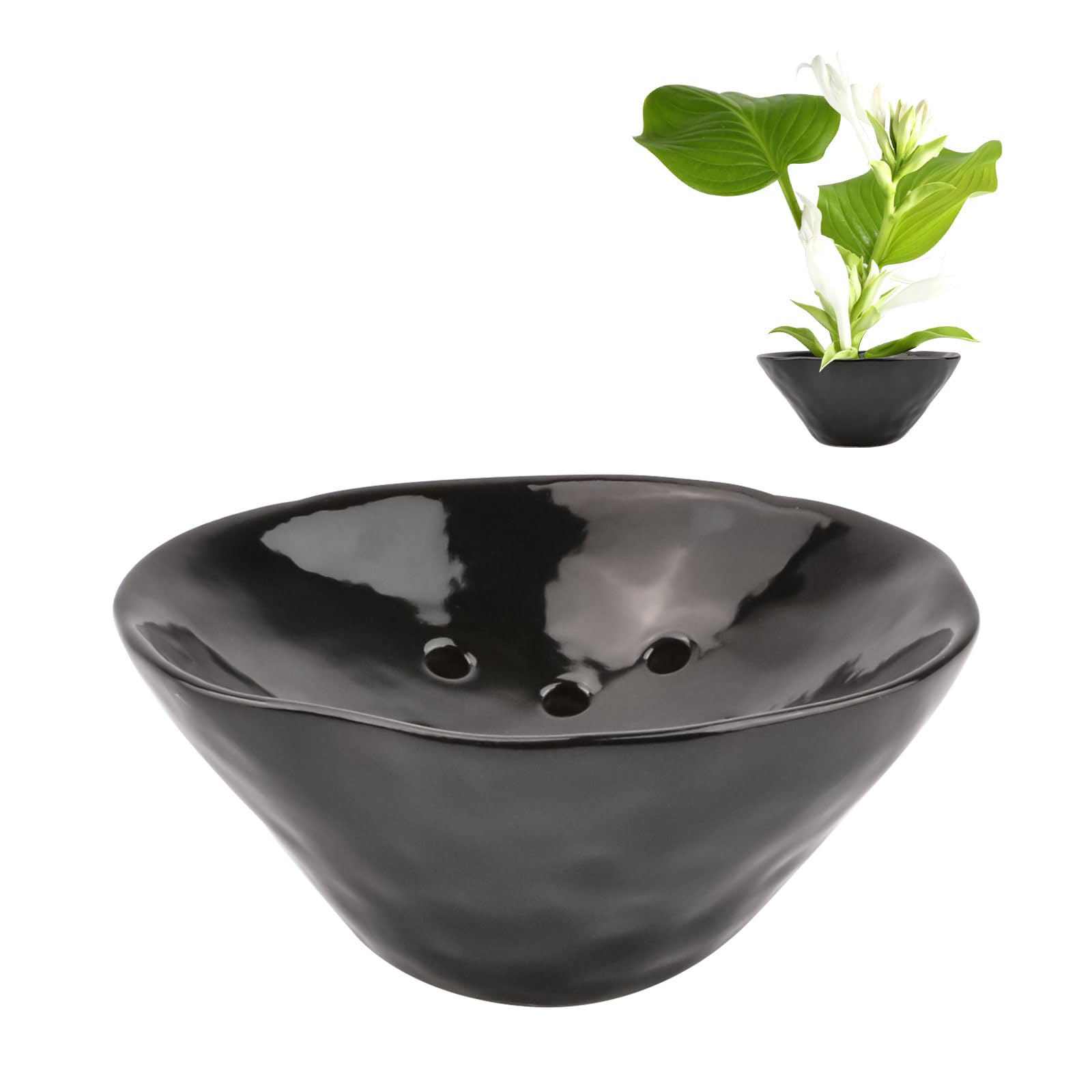 WANDIC Glossy Black Flower Arrangement Supplies, Lotus Shaped Ceramic Flower Pot for Ikebana Floral Pottery Vase Floristry Arranger Flower Container