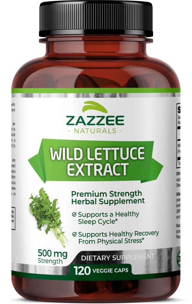 ZazzeeWild Lettuce Extract, 500 mg Strength per Capsule, 120 Veggie Caps, Most Potent Lactuca Virosa Variety, Powerful 4X Extract, Vegan and Non-GMO, All-Natural Sleep Aid and Pain Reliever