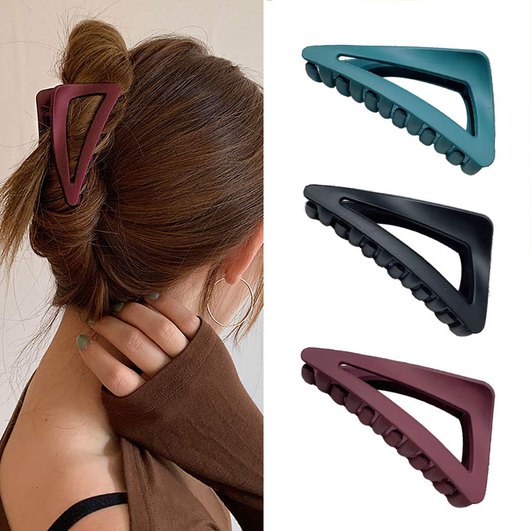 Woeoe 3PCS French Matte Hair Claw Blue Triangle Plastic Hair Claw Clip Nonslip Outdoor Hair Jaw Clips for Women and Girls (black purple blue)