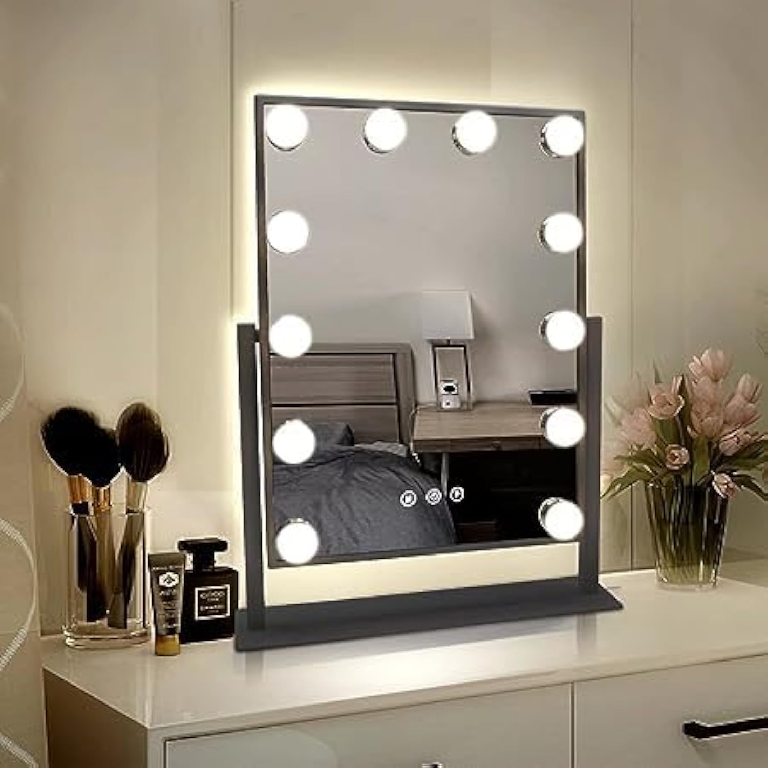 LUKSYOL CAZADORA Hollywood Makeup Mirror with Lights, Large Lighted Vanity Mirror with 3 Color Light, Smart Lighted Touch Control Screen & 360 Degree Rotation (Black | 12 Bulbs)