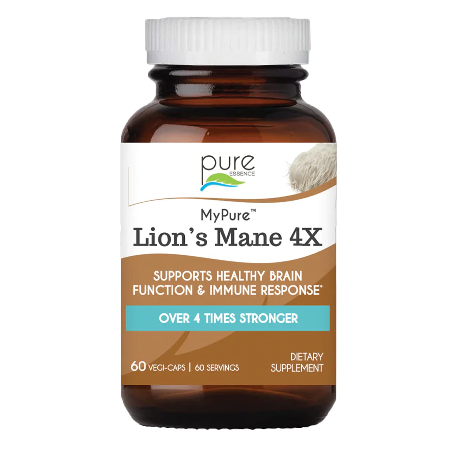 PURE ESSENCE LABS MyPure Lion's Mane 4X - Ultra Strength Brain Support Supplement with 6:1 Hot Water Extract & 10:1 Extract for Cognitive Health, Focus, Memory & Mental Clarity, 60 Capsules