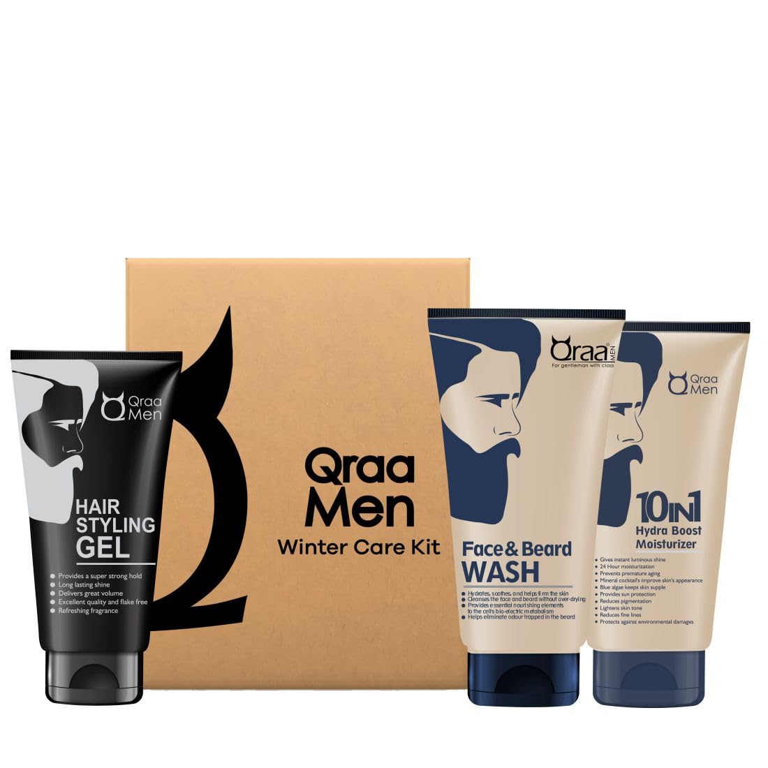 Qraa Men Winter Care Kit (Value Pack) for Glowing & Moisturised Skin | Ideal Gift Set for Men (Face and Beard Wash, 10 in 1 Hydra Moisturizer, Hair Styling Gel) 100gm X3 | Pack of 3