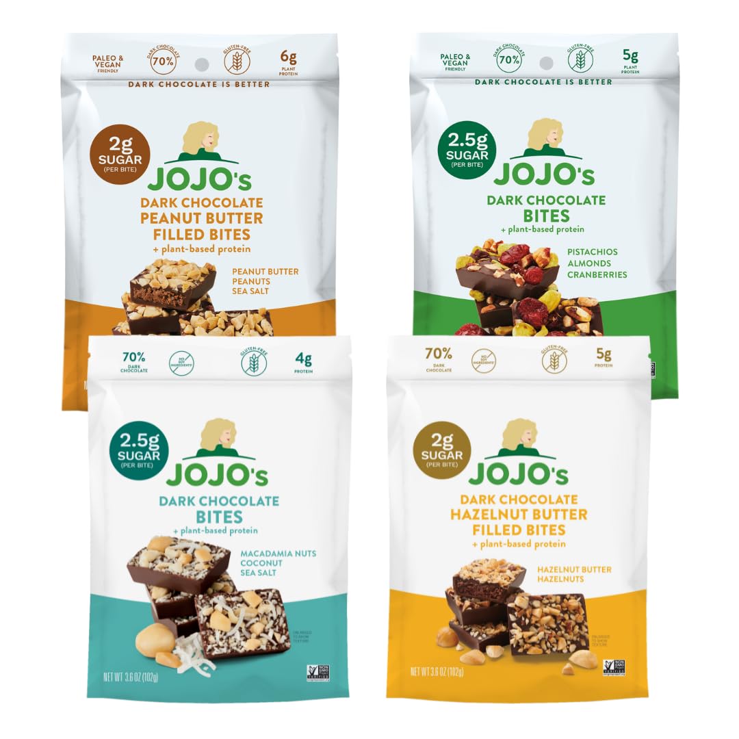 JOJO's Dark Chocolate Bites Made with Hemp, Plant Based Protein, Low Sugar, Low Carb, Vegan, Paleo & Keto Friendly, Healthy Snack, Variety Pack, 3.9oz Bag (4 Count) Includes Peanut Butter, Pistachio Cranberry Almond, Hazelnut, and Macadamia Coconut.