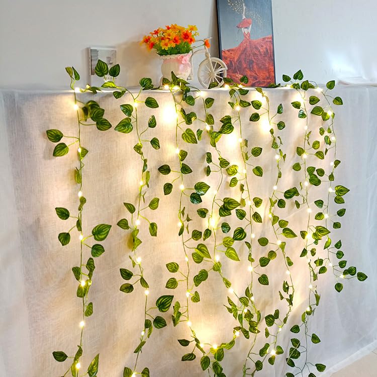 MAGIIN Artificial Vines with Fairy Lights, Fake Ivy Garland Hanging Vines, Heart Green Leaves Fake Plants for Home Kitchen Garden Christmas Wedding Party Office Wall Decor (1PCS 6.5Ft), WT-001