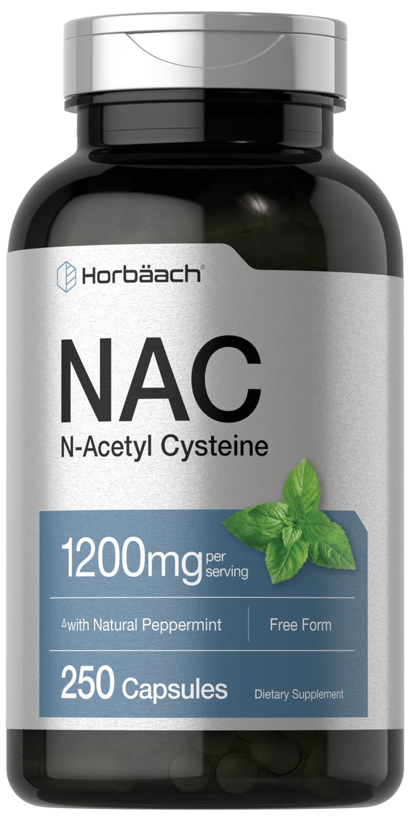 Horbäach NAC N-Acetyl Cysteine Supplement 1200mg | 250 Capsules | with Natural Peppermint | Non-GMO, Gluten Free