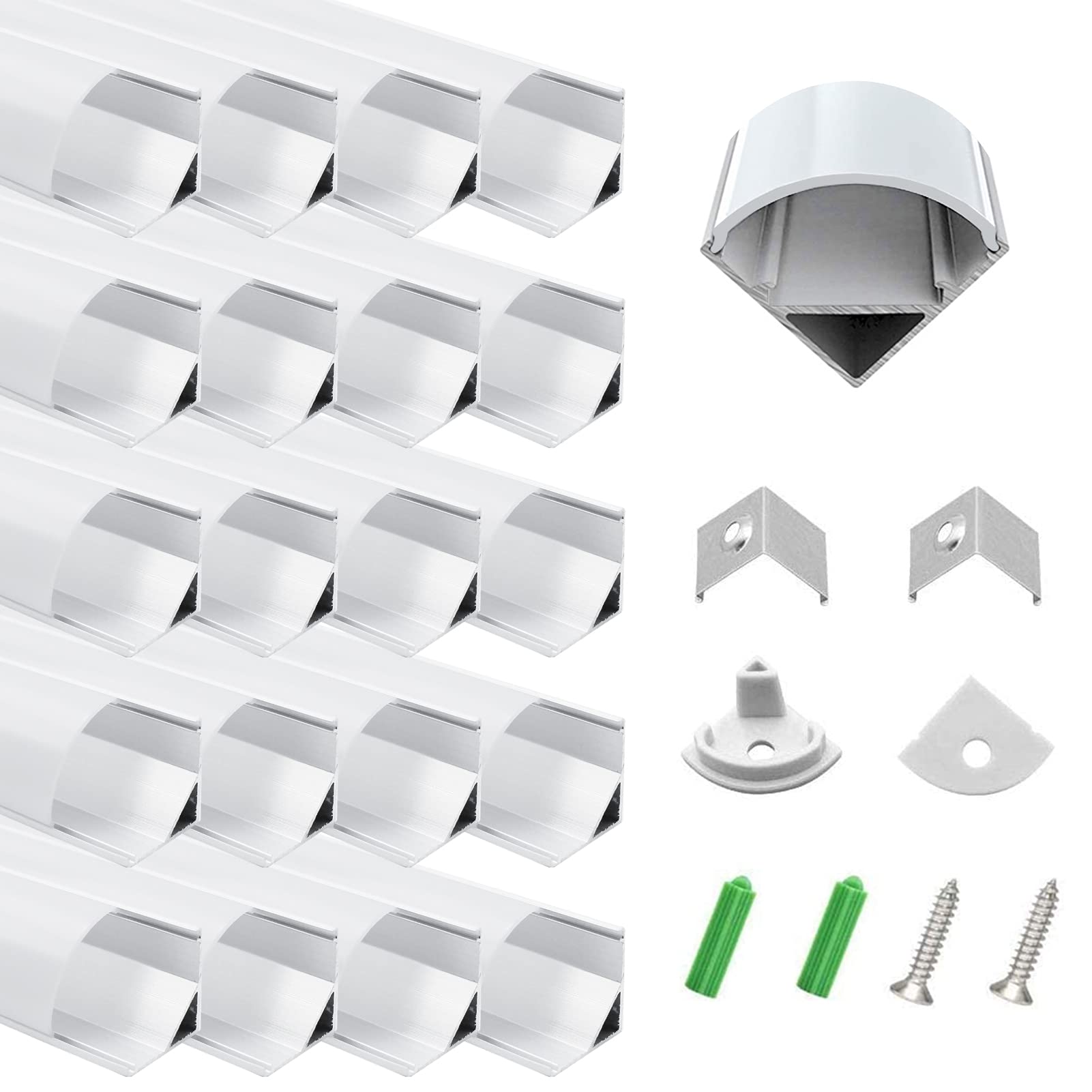 inShareplus 20 Pack, 3.3ft/1 Meter, Silver, LED Aluminum Channel System V Shape with Milk White Cover, End Caps and Mounting Clips, Aluminum Profile for LED Strip Light Installations