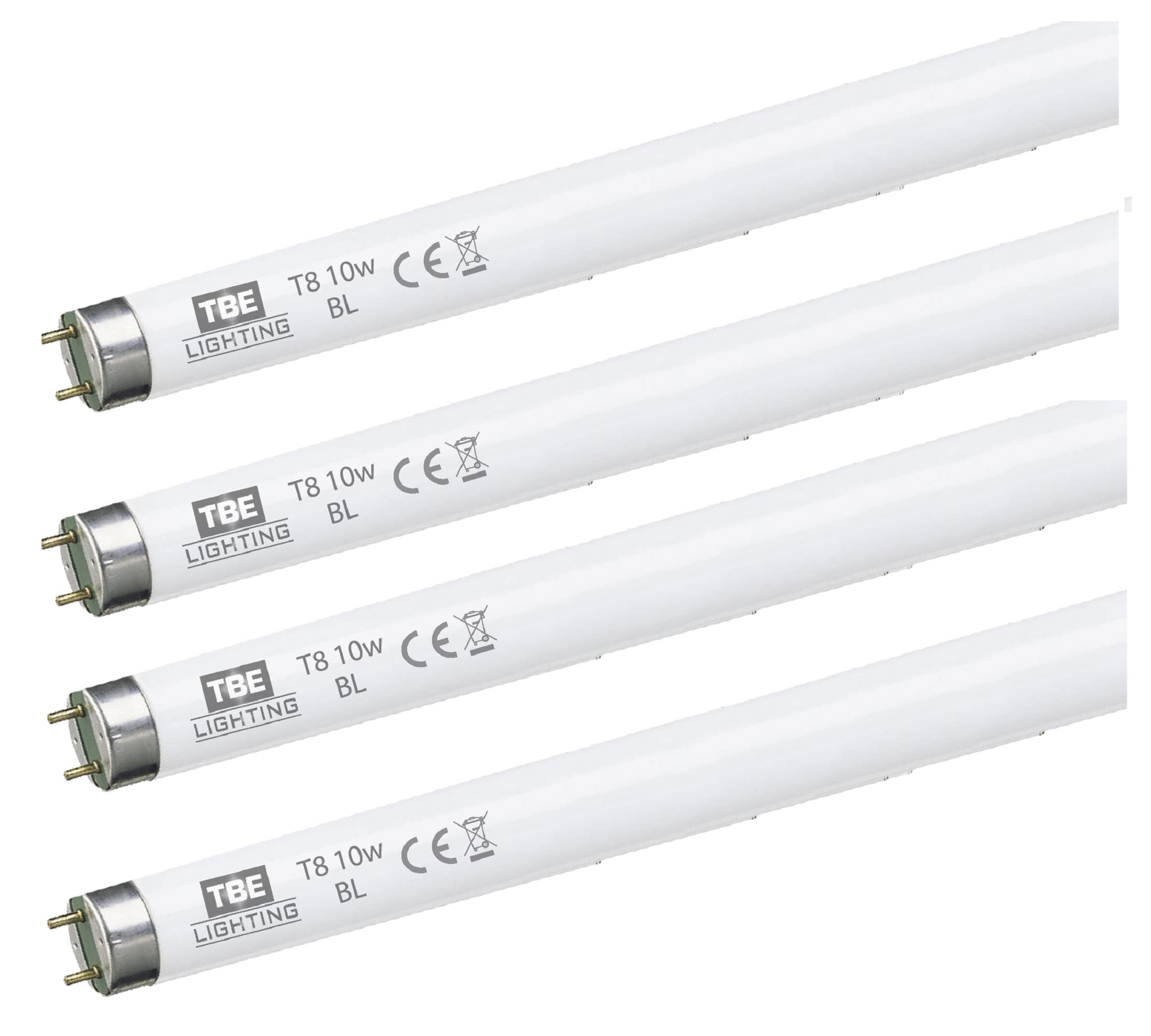 TBE LIGHTING 10w UV Fly Killer T8 Tubes - 4 Pack - 10W BL 368nm Ultra Violet Bulbs for Insect Bug zapping - G5 2 pin Base Fitting - 330mm / 13 inch Length (excluding pins)