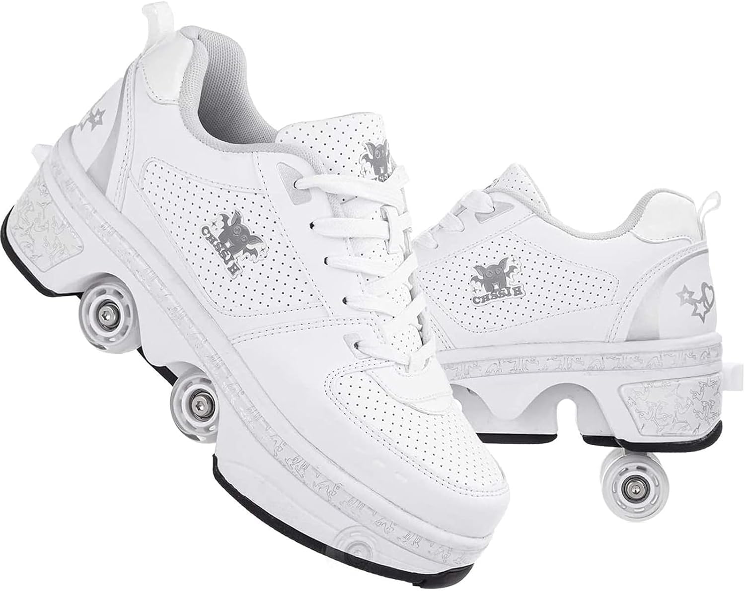 CHSSIH Roller Skates for Women Outdoor,Parkour Shoes with Wheels for Girls/Boys,Kick Rollers Shoes Retractable Adults/Kids,Quad Roller Skates Men,Unisex Skating Shoes Recreation Sneakers,White4-6.5US