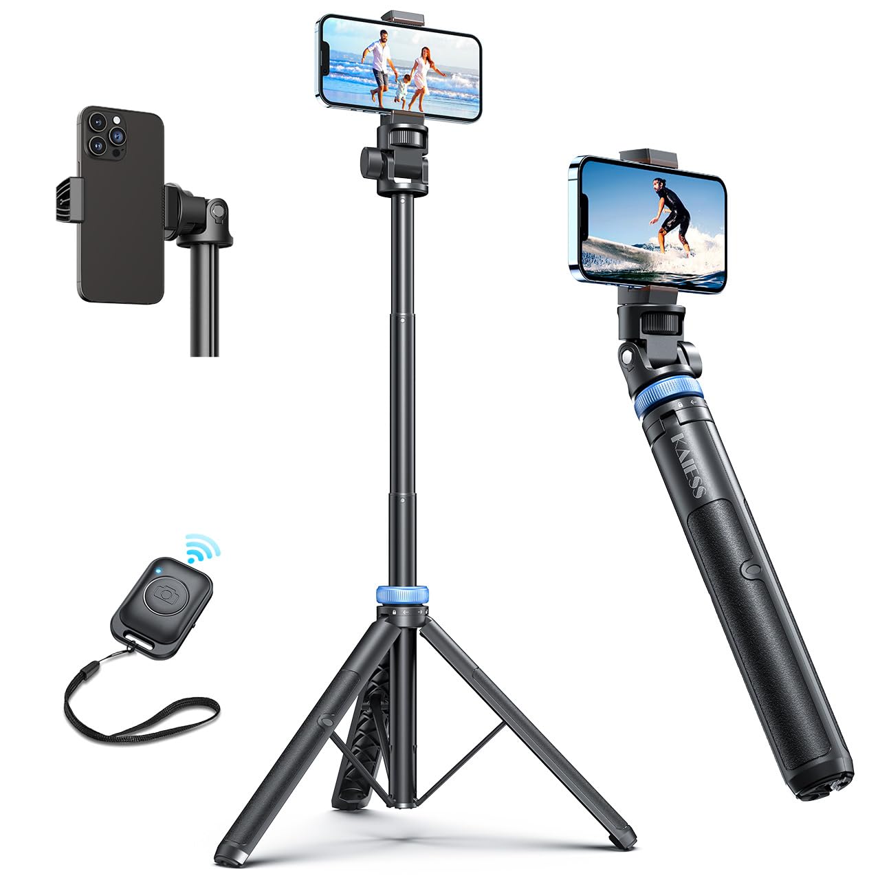 Kaiess 62" Tripod for iPhone, Selfie Stick Tripod & Phone Tripod Stand with Remote, Cell Phone Tripod for iPhone, Extendable Travel Tripod Compatible with iPhone 15/14/13 Pro Max/Android